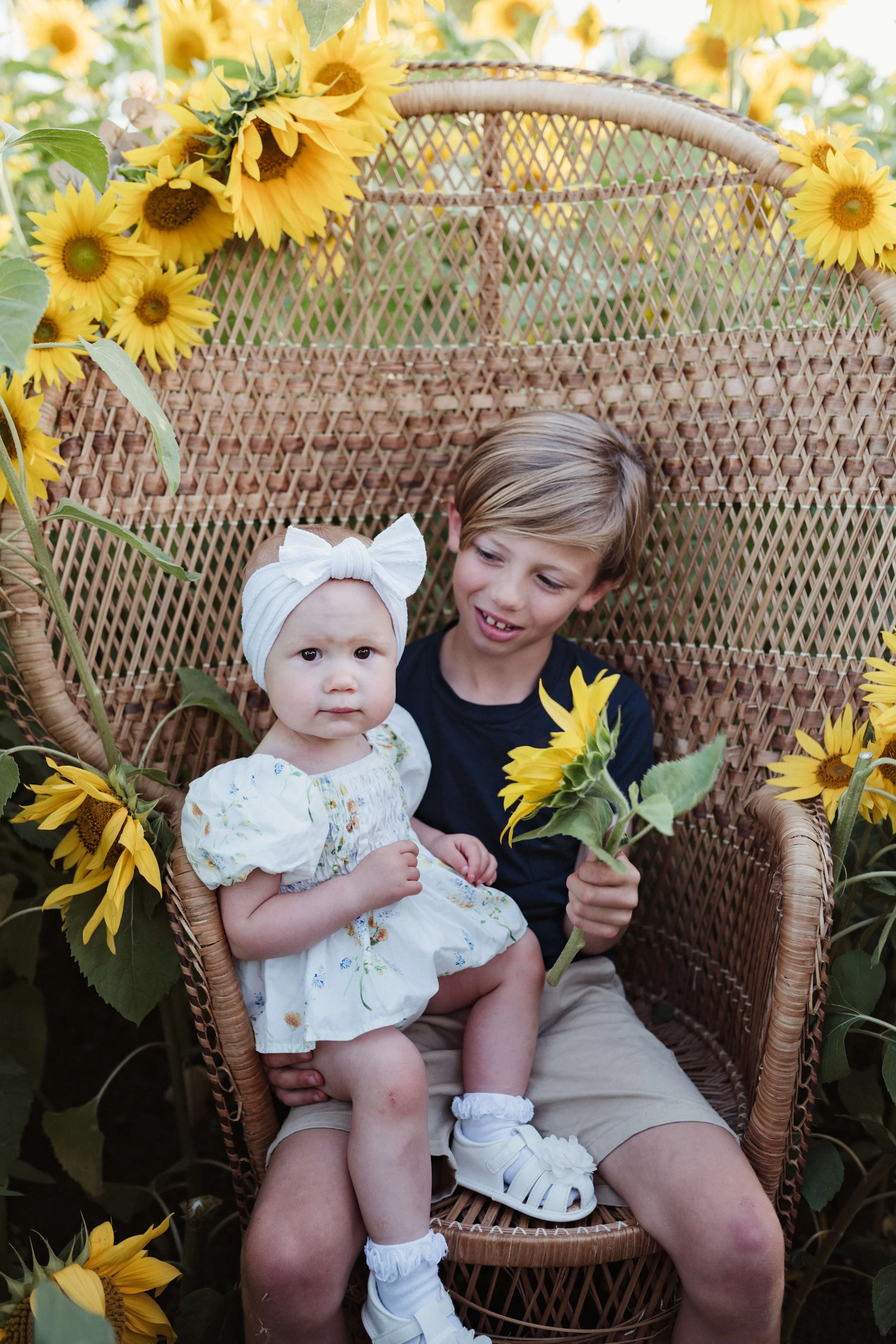 Two children, a boy and a girl, sitting in a wicker chair surrounded by sunflowers. The girl is young, wearing a white dress and a headband with a bow, looking confused. The boy, older, with light brown hair, is holding a sunflower and smiling at the