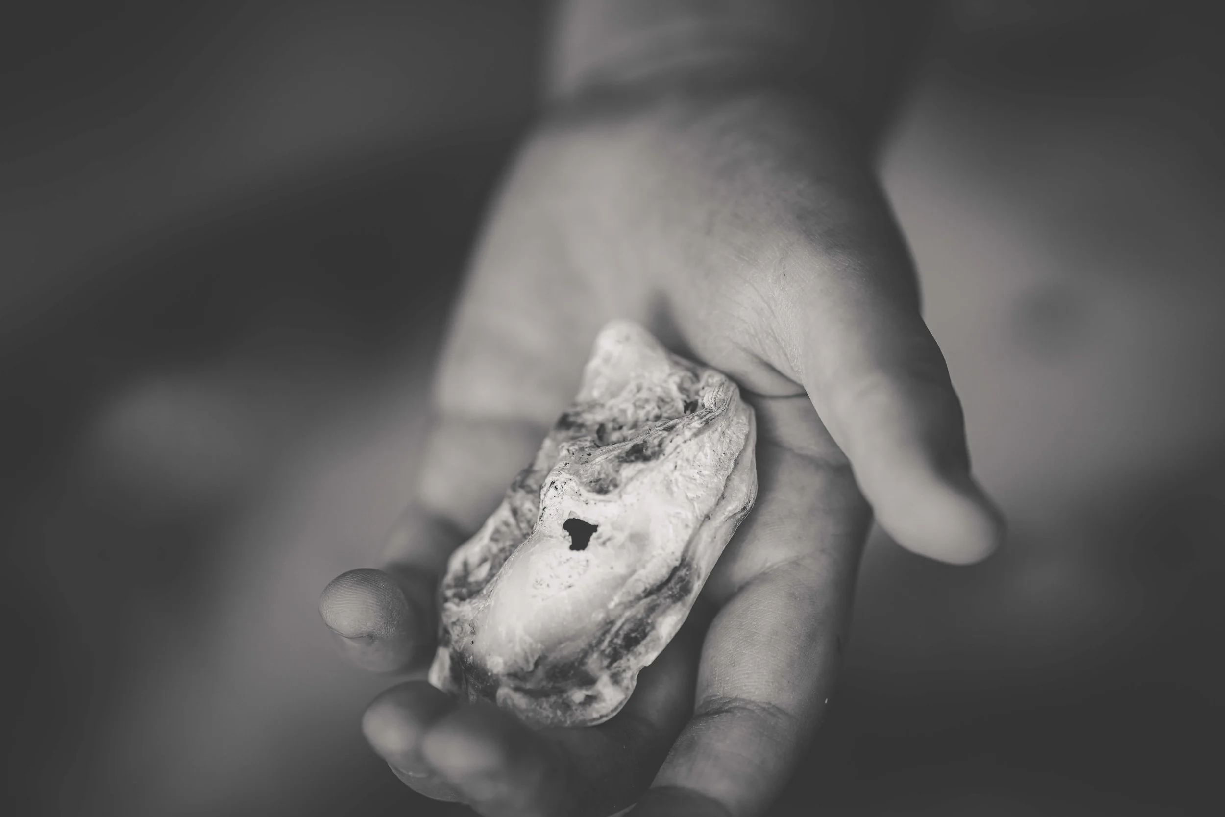 A hand holding a rough, irregularly shaped stone or mineral in black and white photograph.