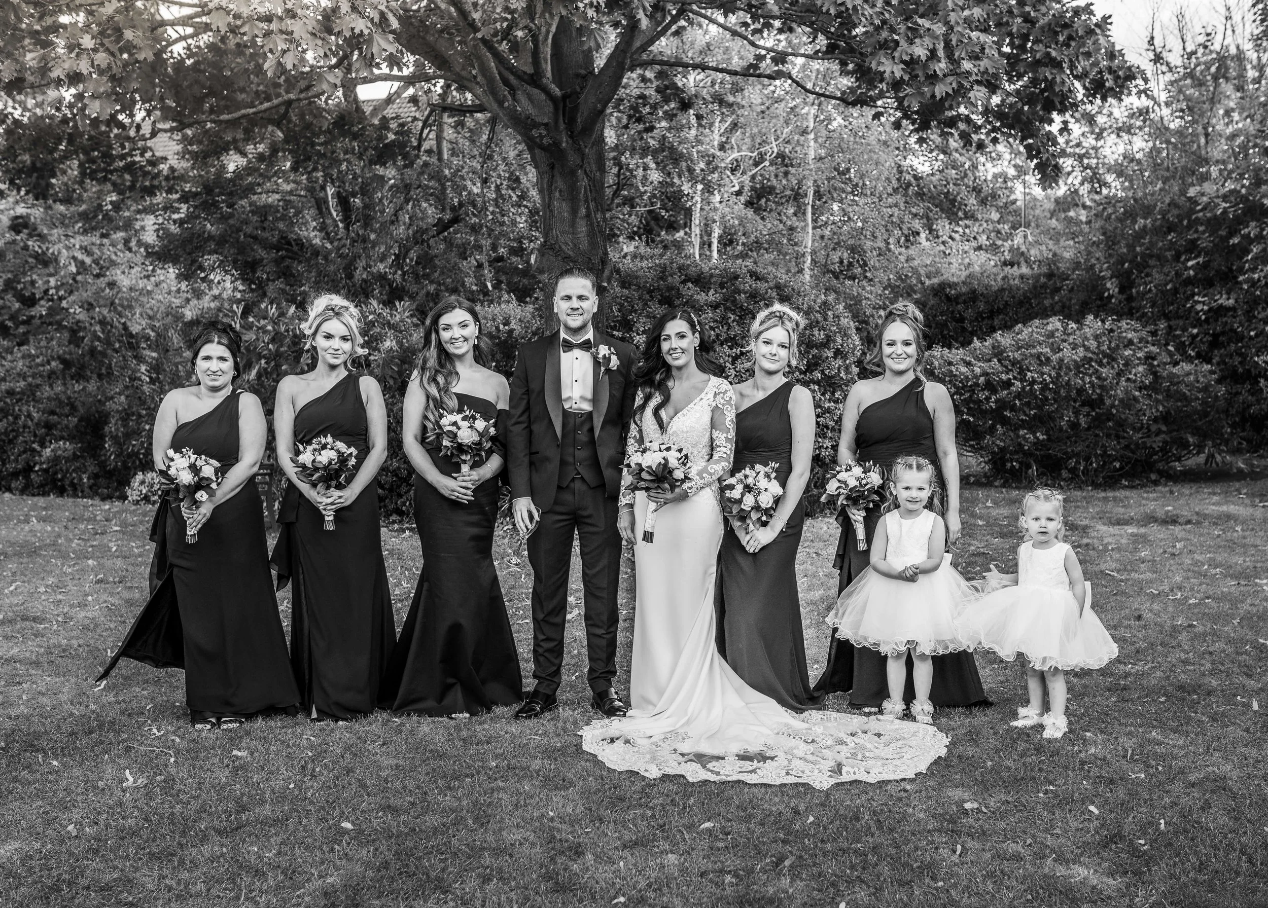 bridal party group photo in black and white
