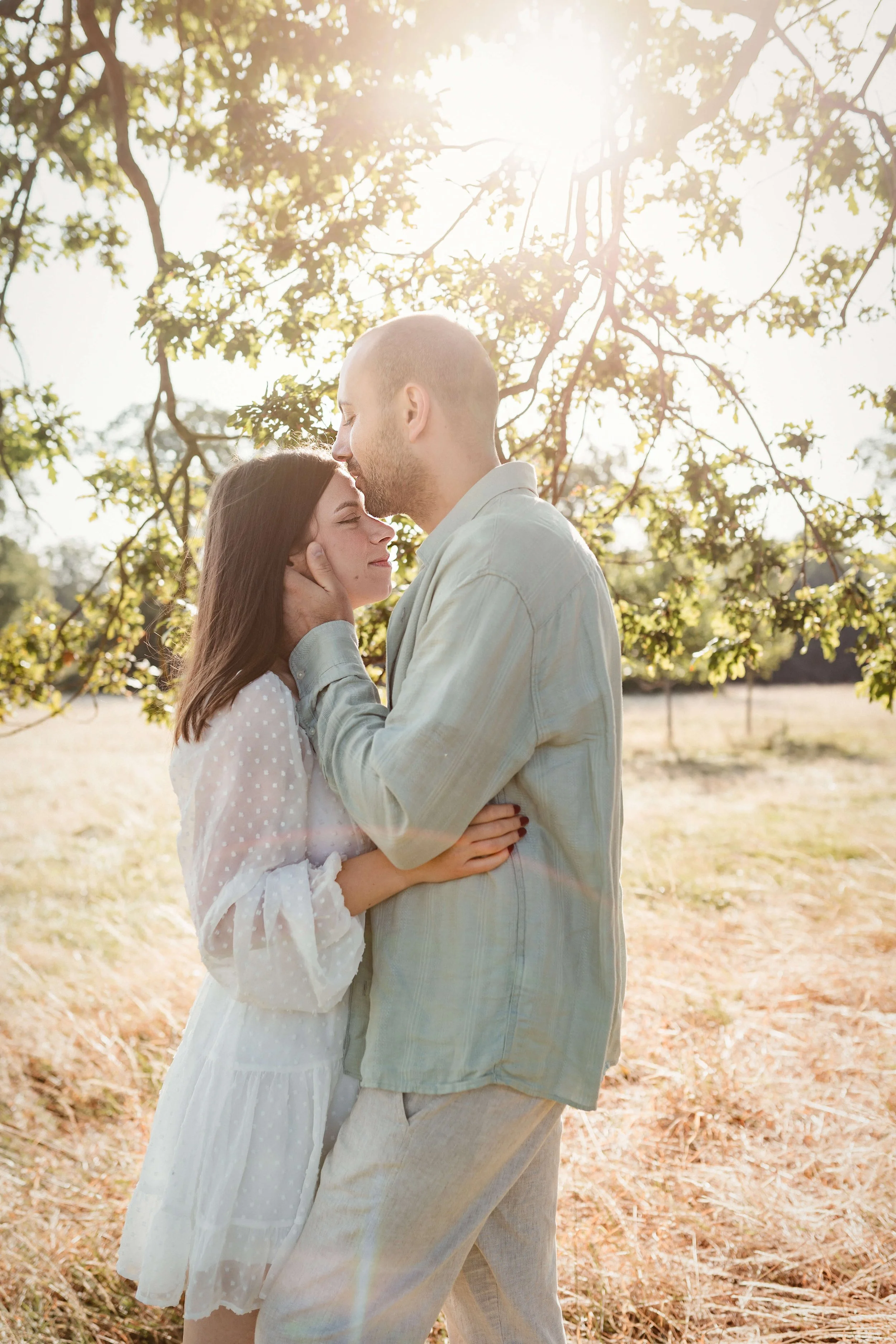 A couple embracing outdoors under a tree with sunlight shining through the leaves.