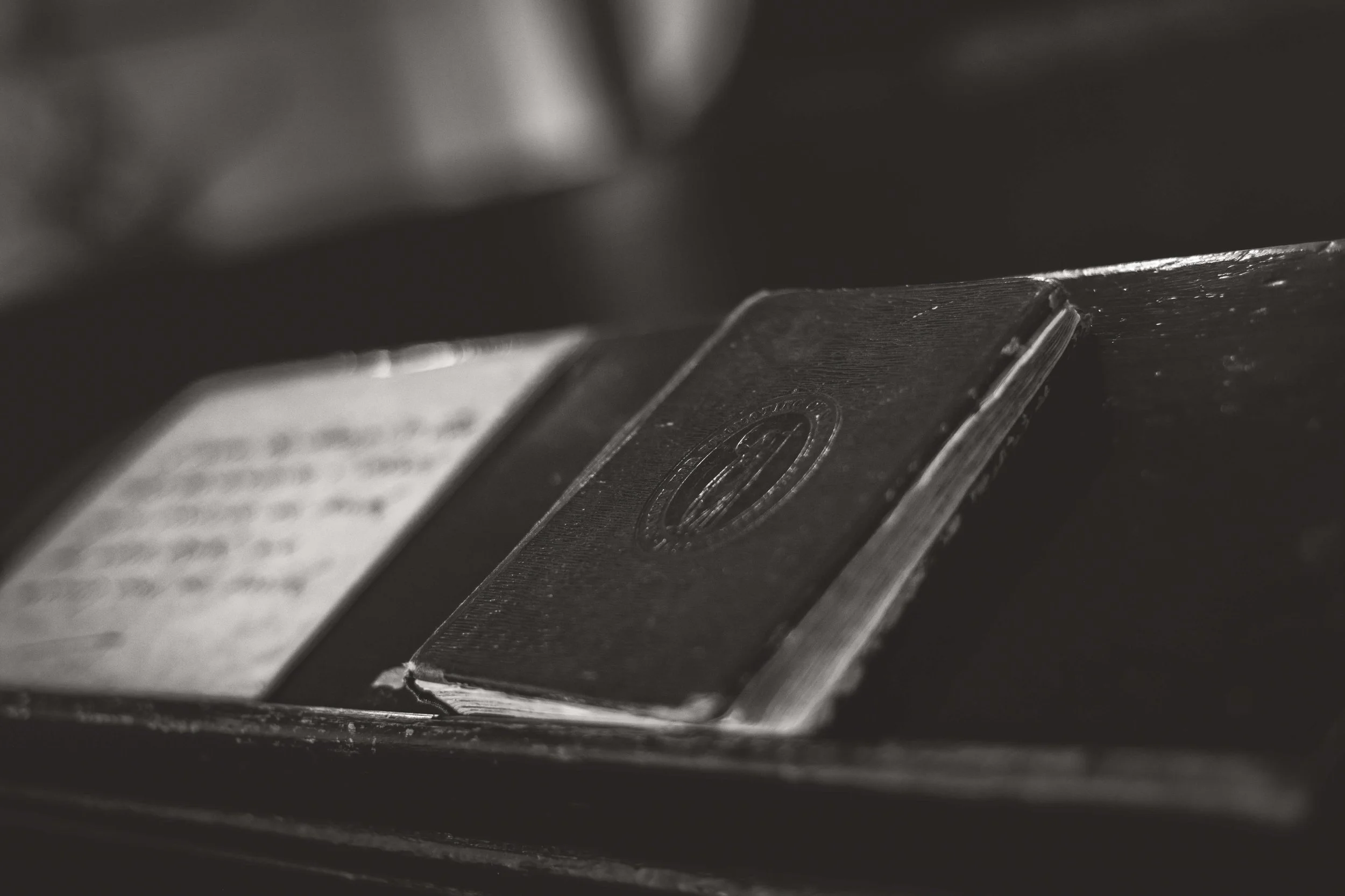 book on the stand in court room at moot hall 
