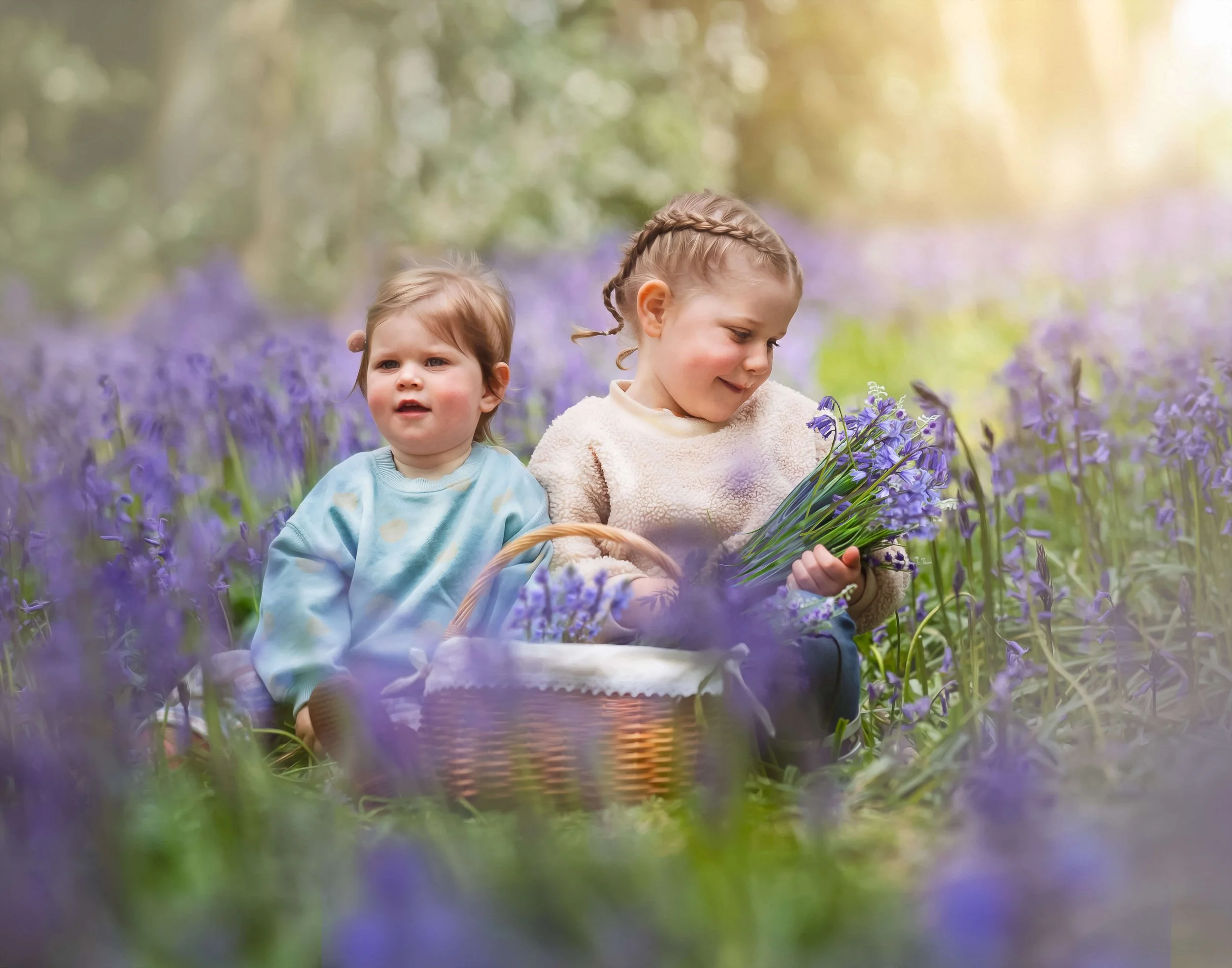Two young girls picking purple flowers, sitting in a field of blooming flowers with green trees in the background, sunny weather.