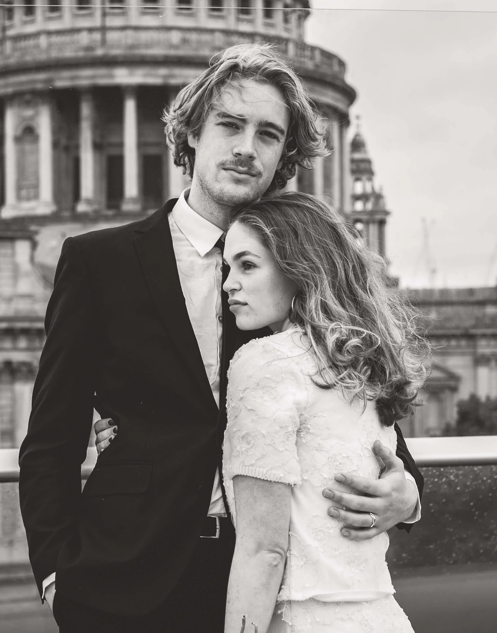 black and white photo of bride and groom in elopement photo