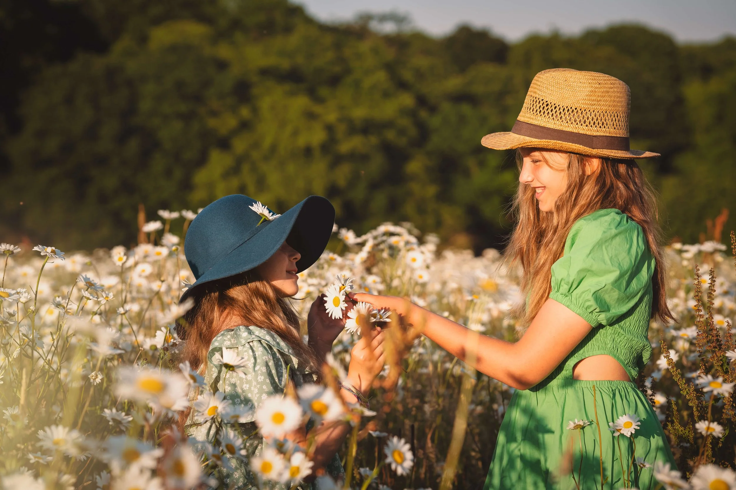 Two young women in a field of daisies, exchanging a flower, with trees in the background under a sunny sky.
