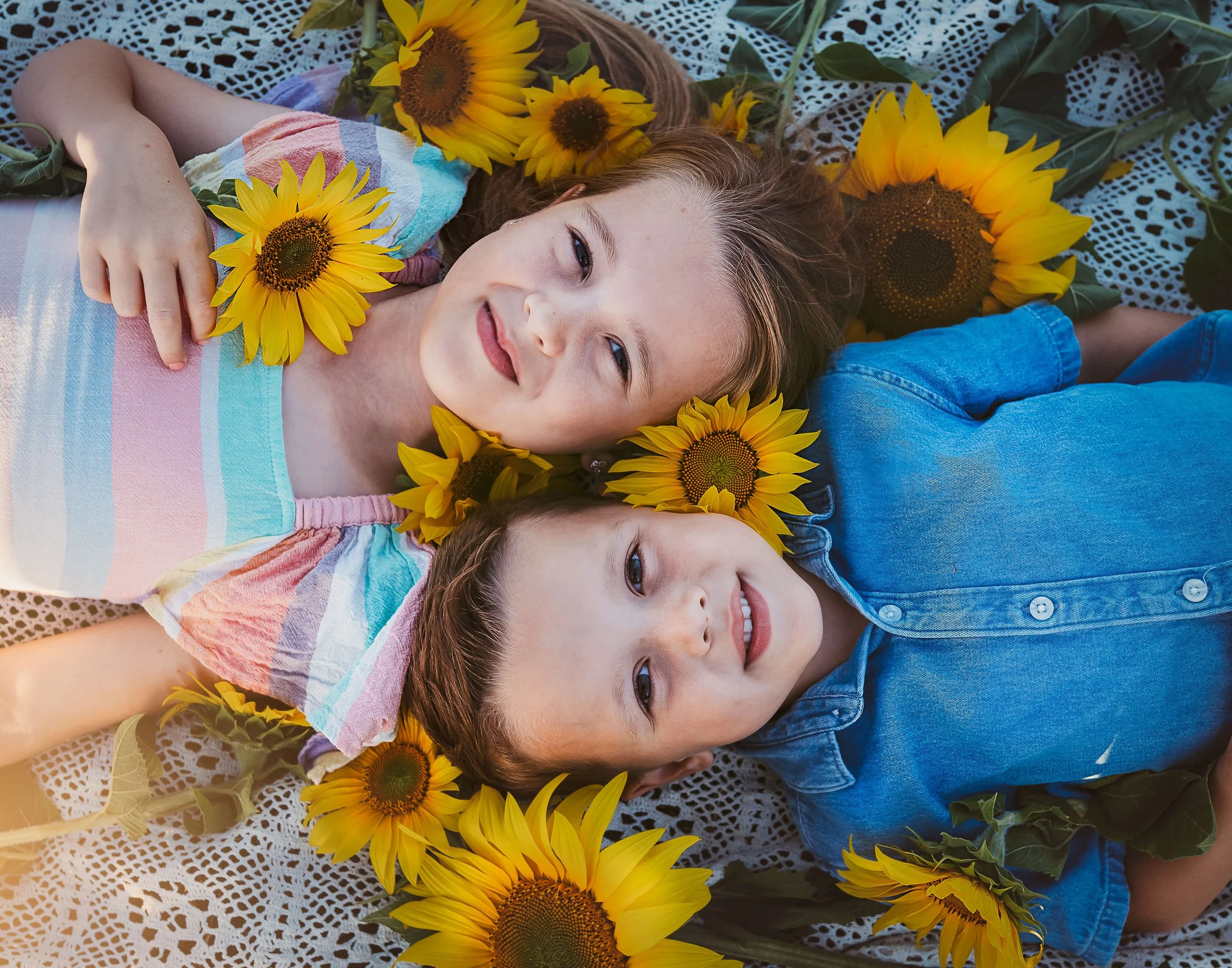 brother and sister lay in field with sunflowers for portrait session