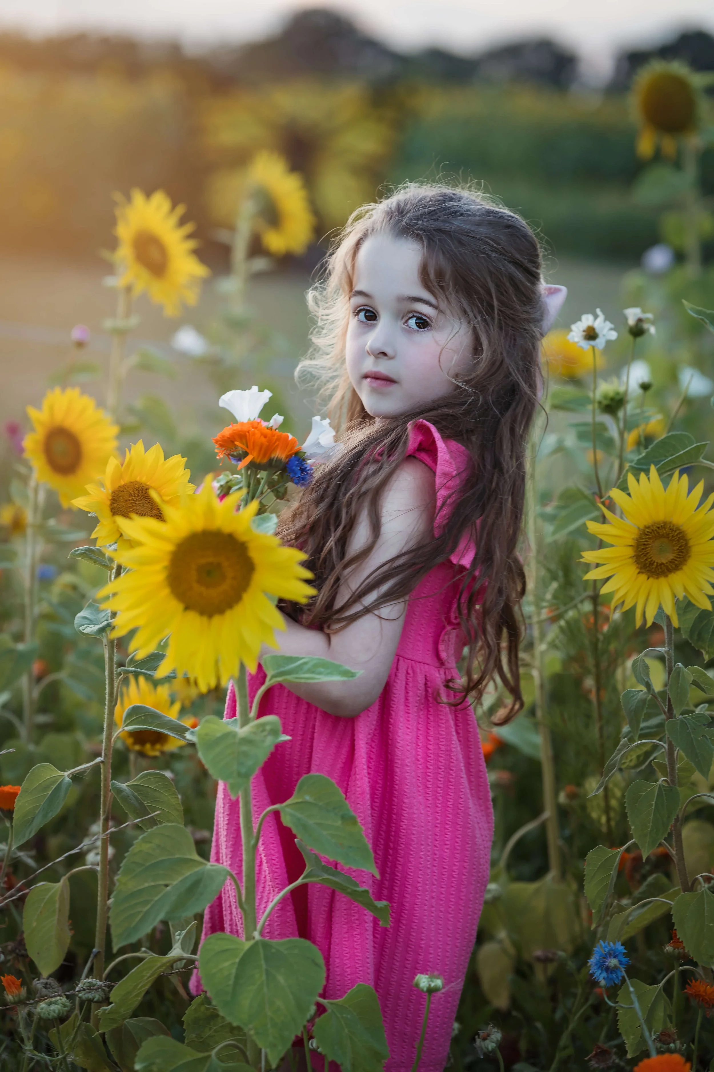A young girl with long, curly brown hair and a pink dress standing among colorful sunflowers and other wildflowers in a field, looking at the camera with a serene expression during sunset.