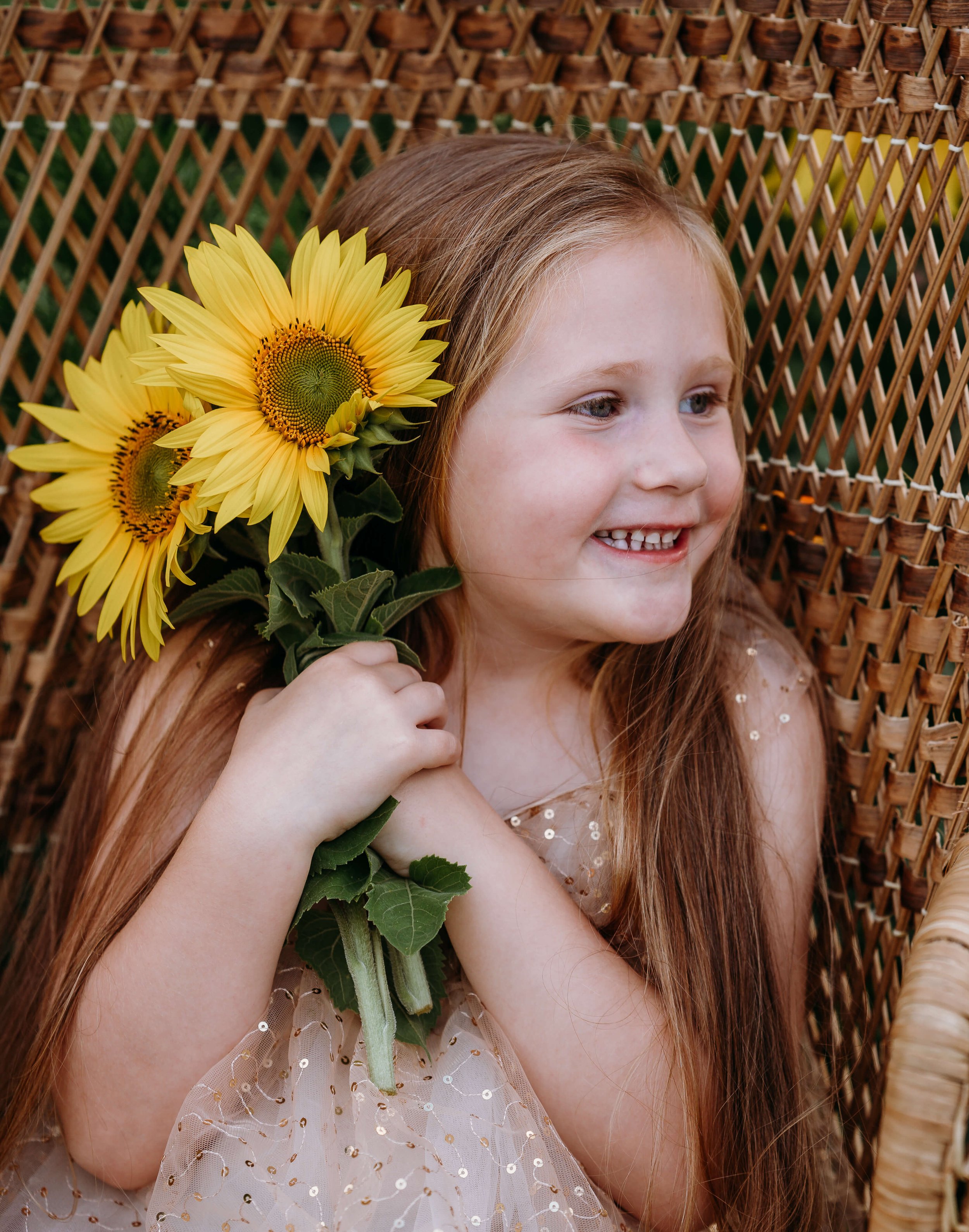 girl with bunch of sunflowers photo 