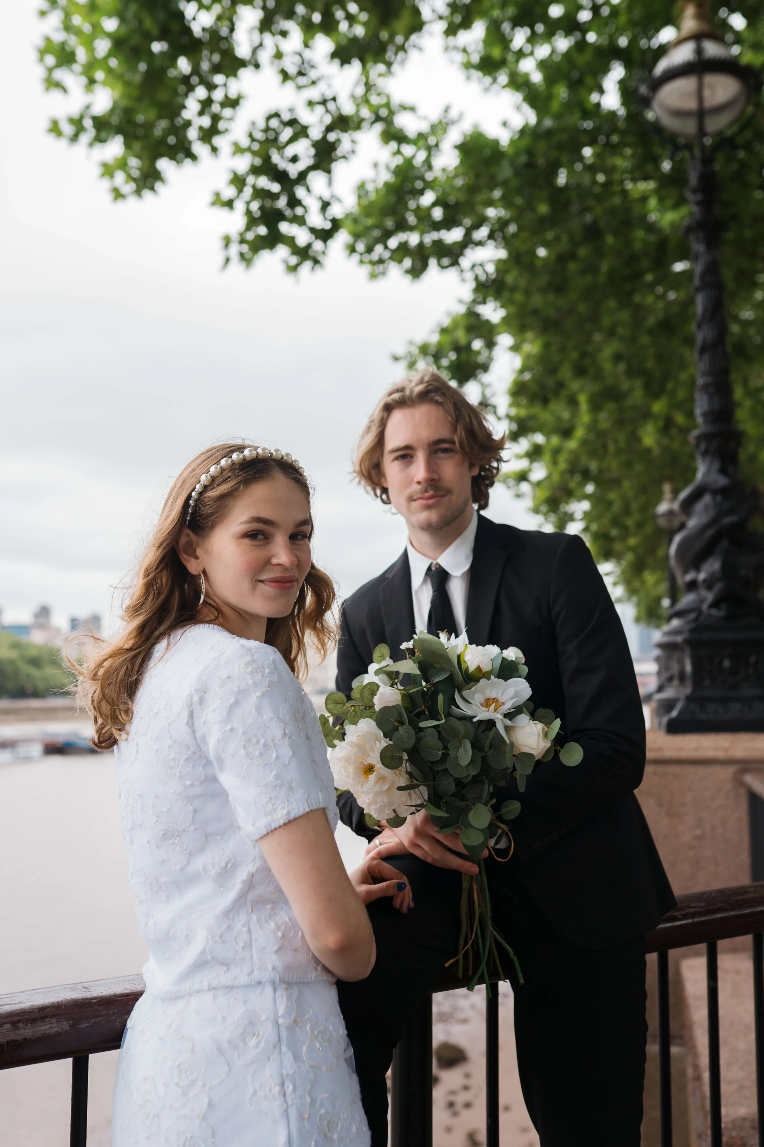 bride and groom along south bank London
