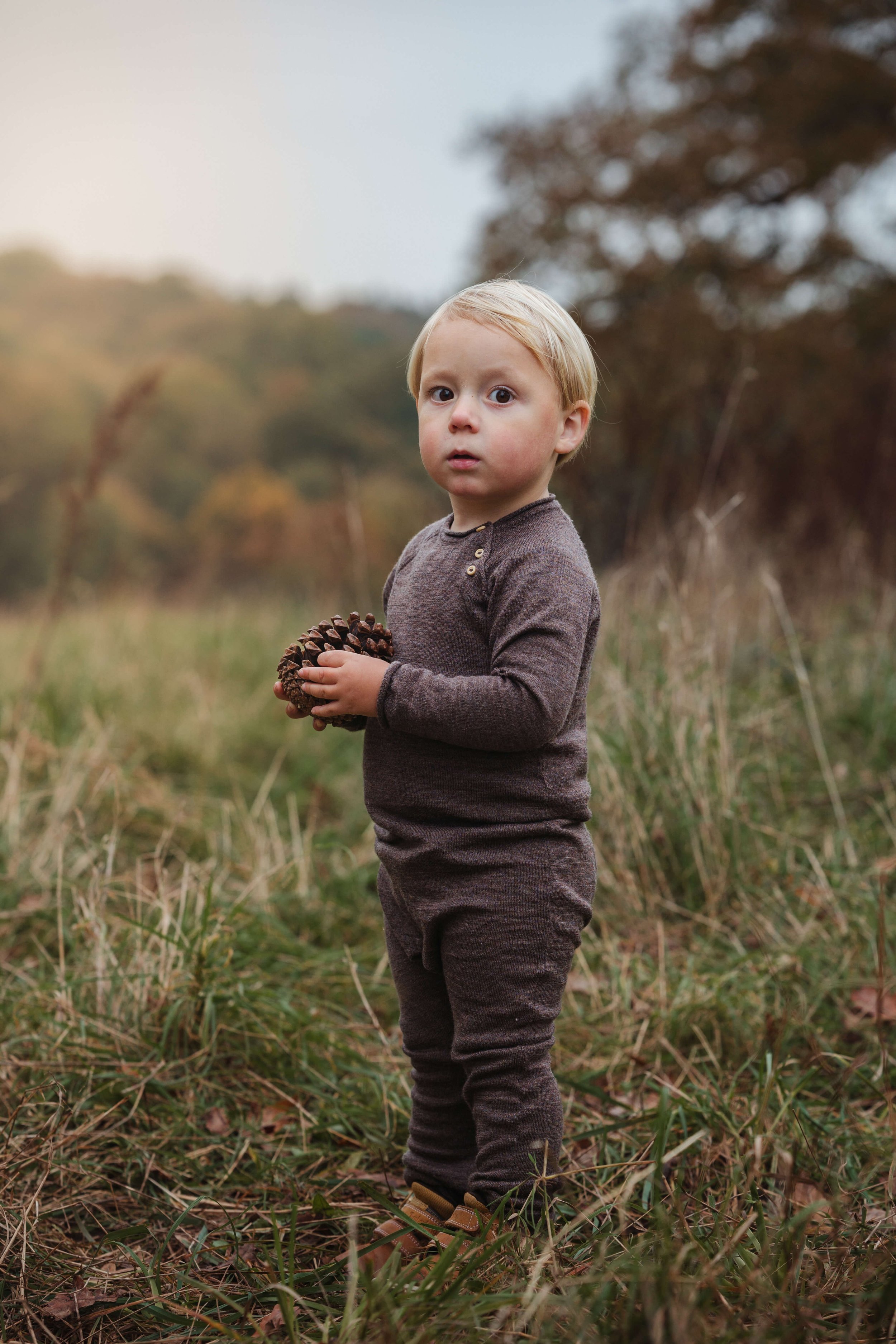 A young child standing in a grassy outdoor area, holding a pinecone, with trees and a cloudy sky in the background.