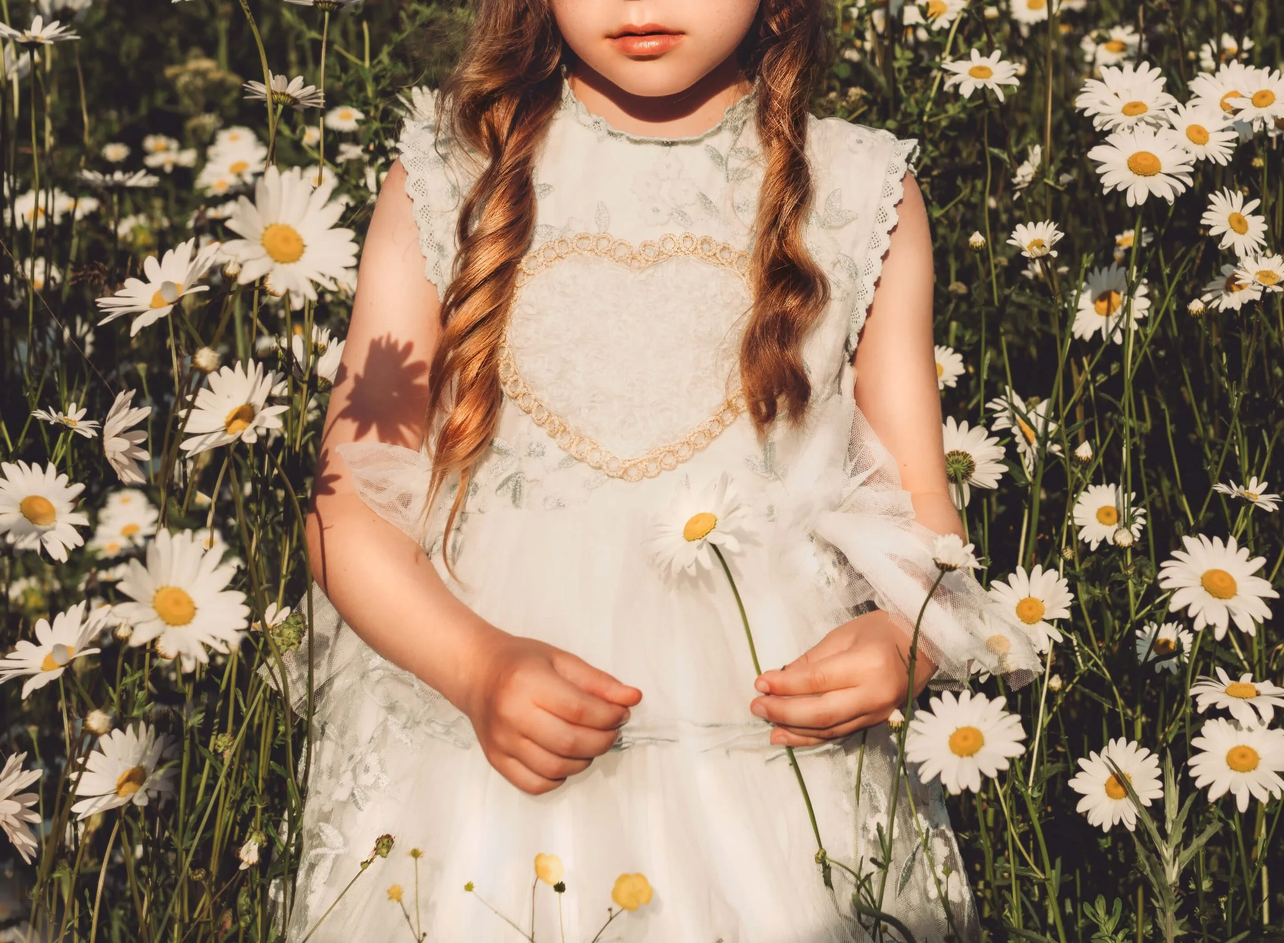 A young girl standing in a field of daisies, wearing a white lace dress with gold embroidery, holding a daisy in her right hand.