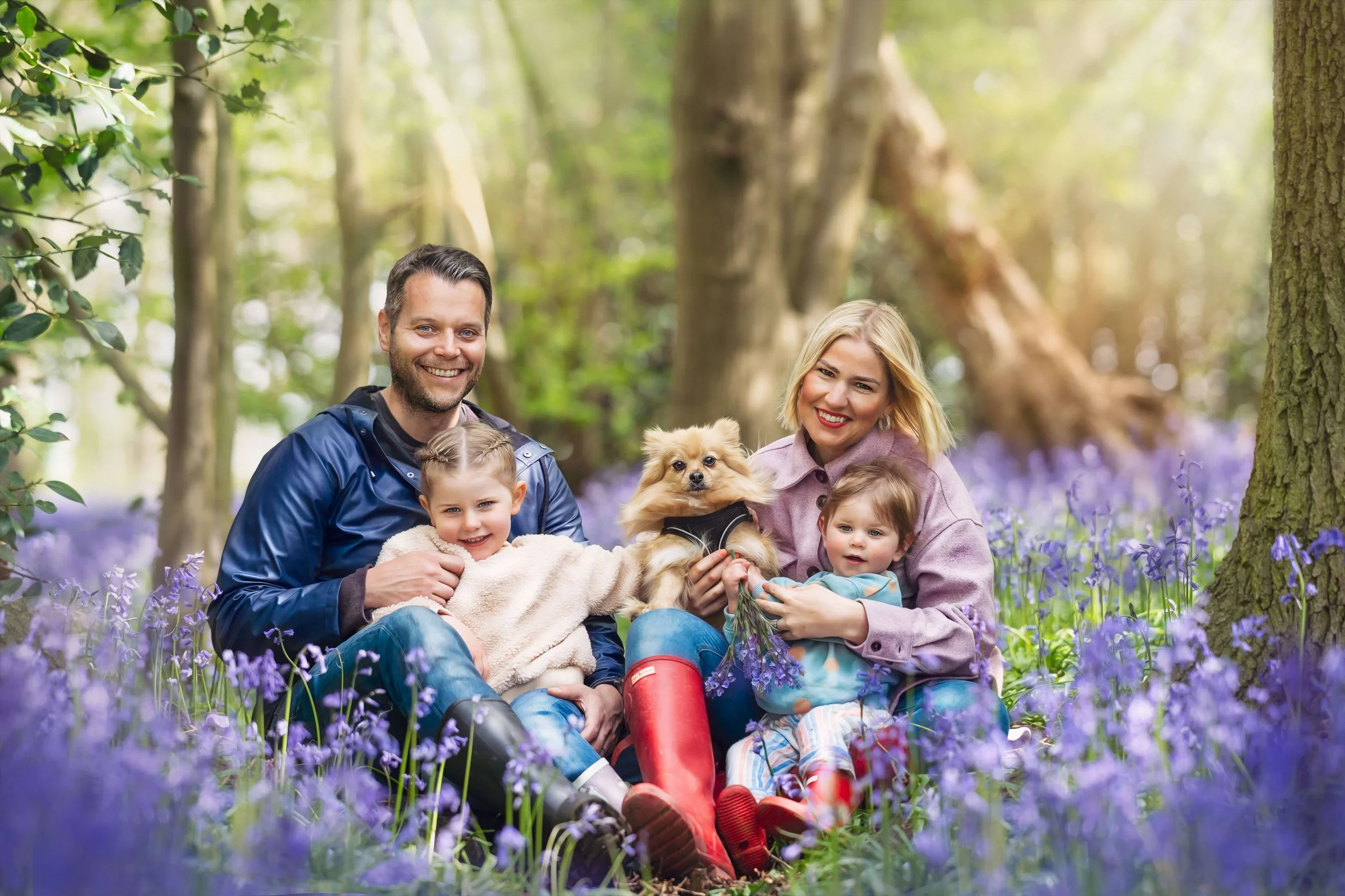A family of four with two kids and two dogs sitting in a forest among purple flowers.