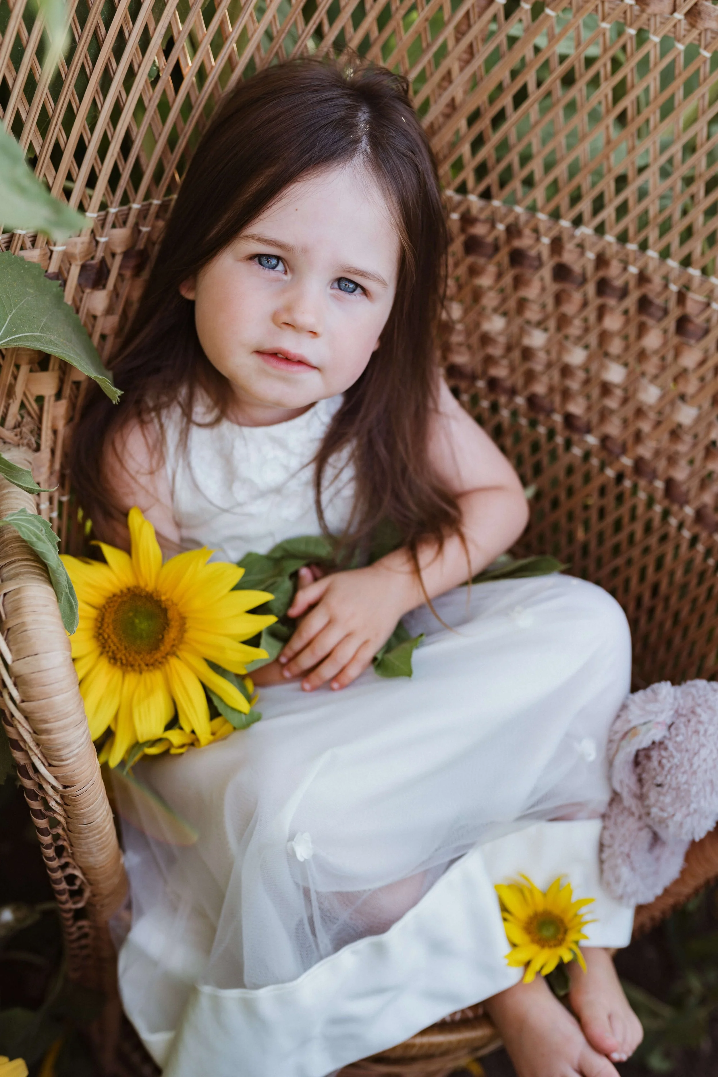 A young girl with long brown hair and blue eyes sitting in a wicker chair, holding a sunflower, wearing a white dress and fuzzy slippers, with a similar sunflower on her lap.