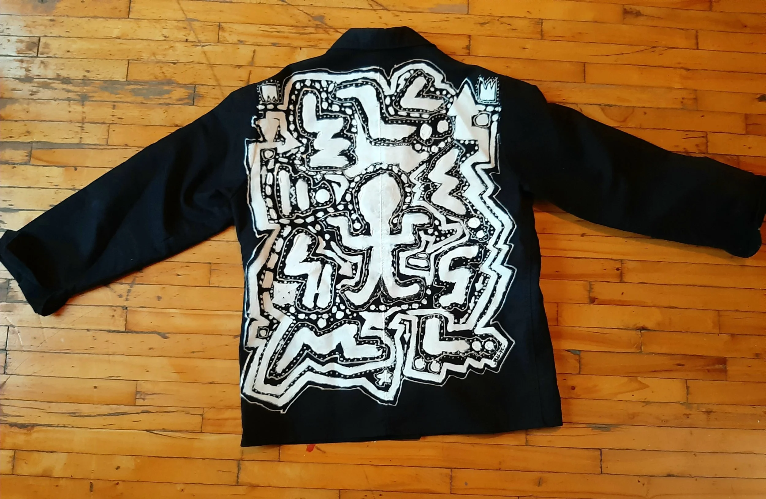 Veste Moleskine noir collaboration Balyc X Vestiaire Général peinte à la main pièce unique taille XL