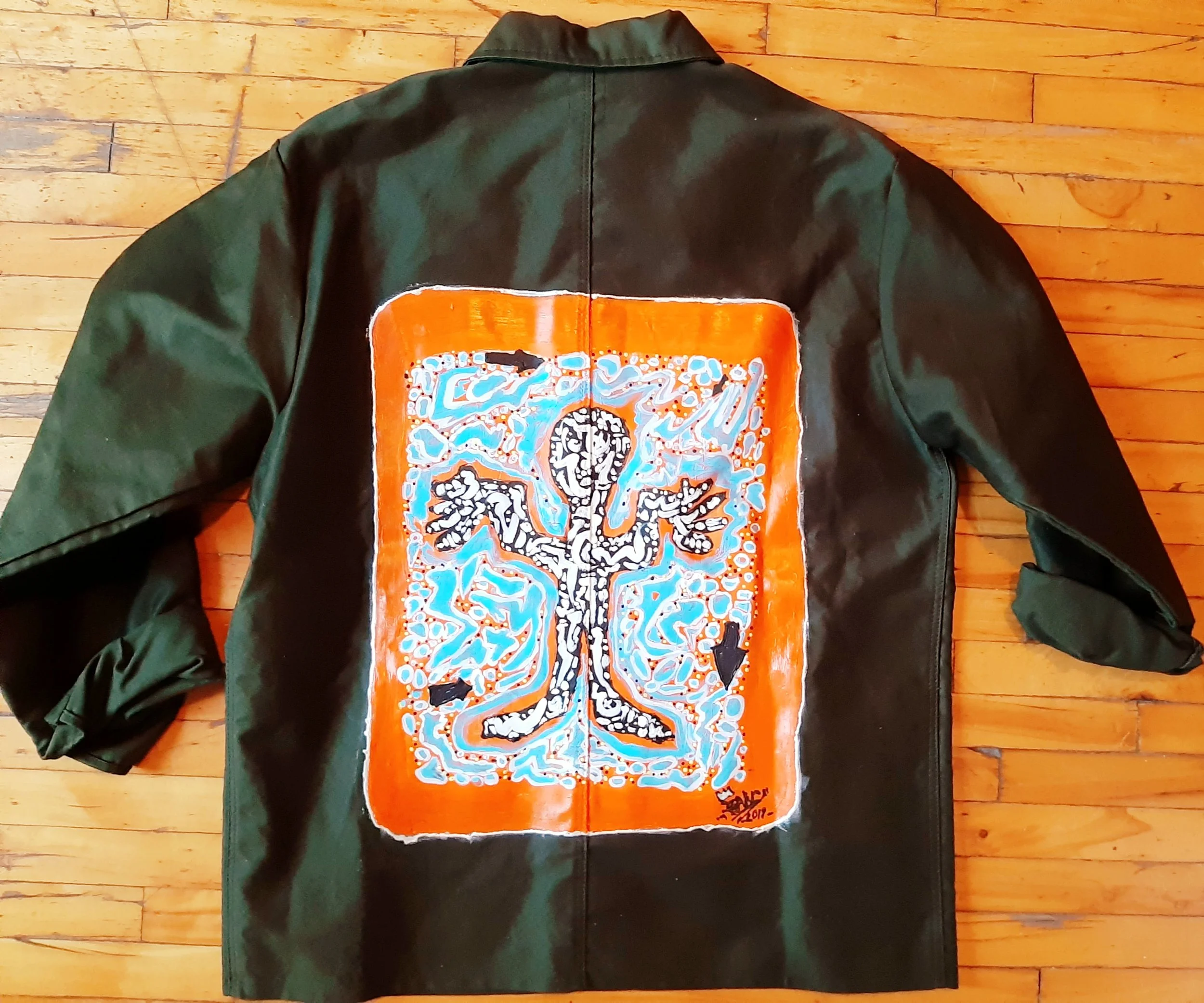 Veste Moleskine kaki collaboration BALYC X Vestiare Général peinte à la main pièce unique XL