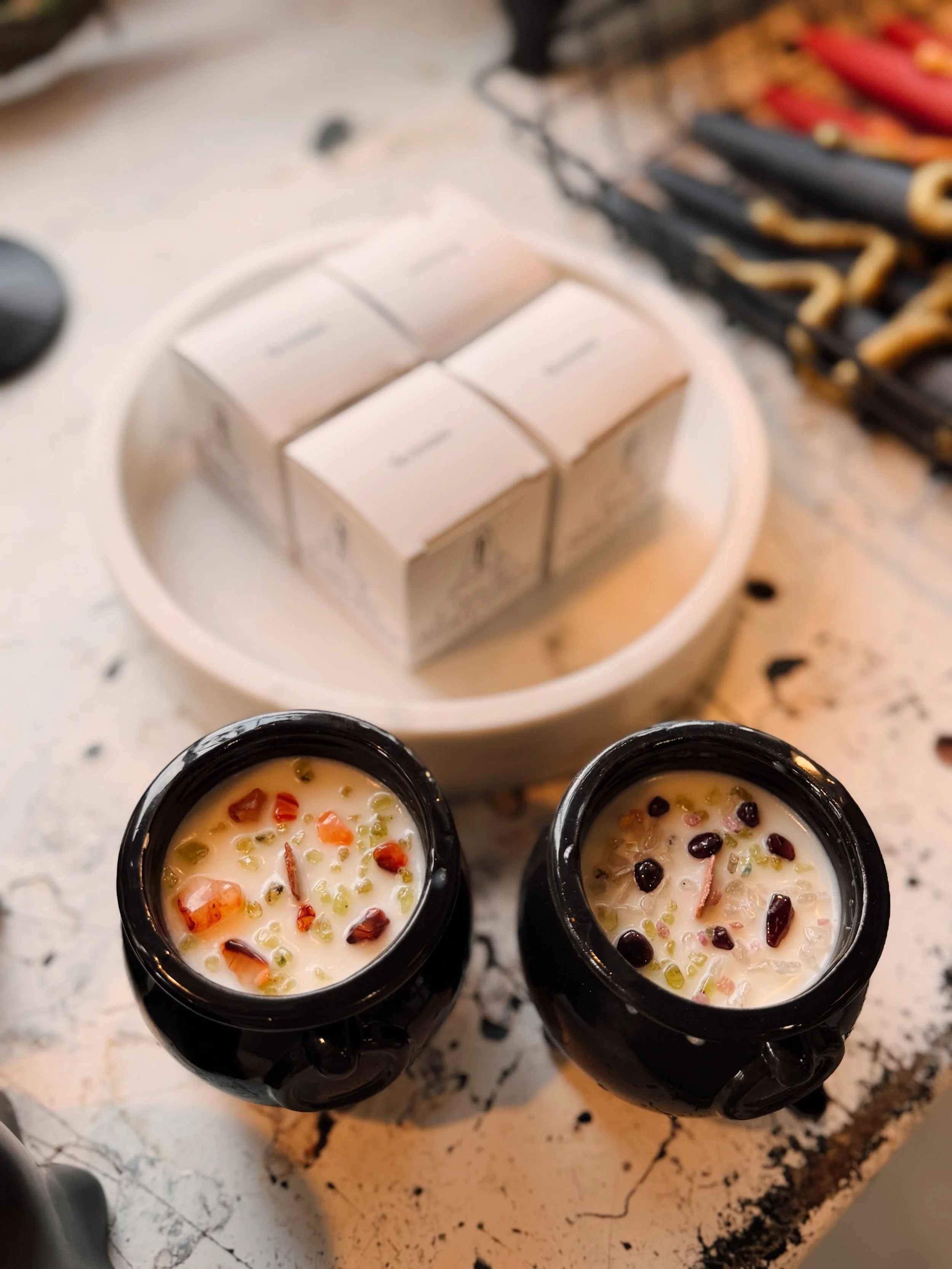 Gemstone candles? Say less. 

Our Cauldrons &amp; Confections event is coming up this Thursday and these cauldron vessels just look so cute all bedazzled and full of magic 🖤

There are still tickets available!! Click the link on our page for more in