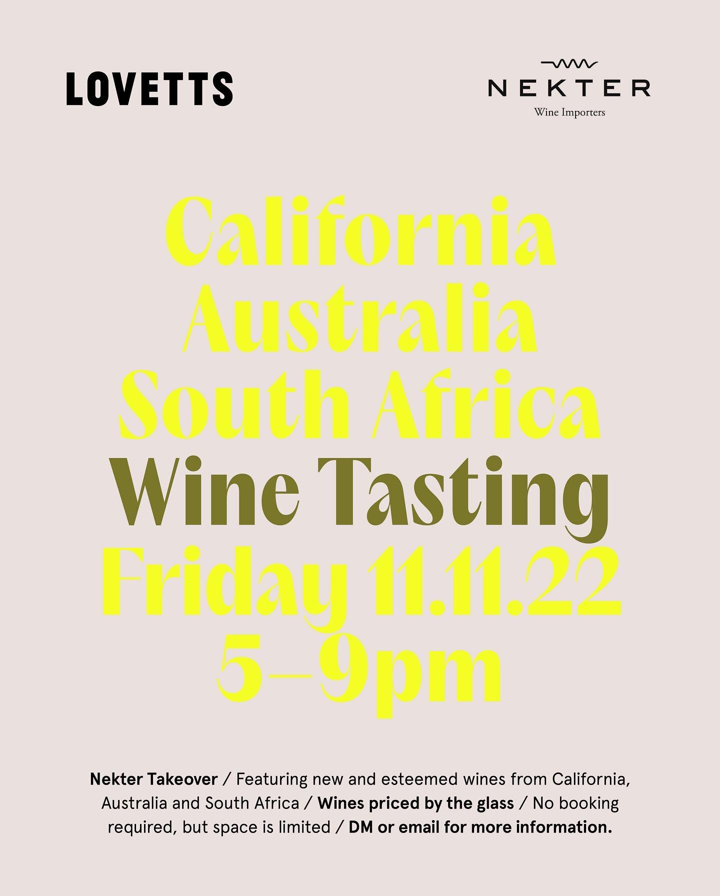 AUTUMN TASTING⁣
⁣
We are delighted to welcome @nekterwines to Lovetts THIS FRIDAY for our Autumn wine tasting. Arthur will be pouring a selection of new releases and old favourites from California, Australia and South Africa. ⁣
⁣
Nekter are importers