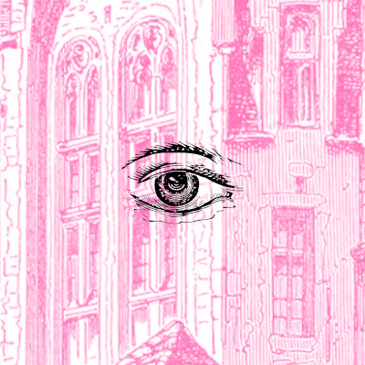 A line drawing of a windowed tower, colourised pink, with an illustrated eye superimposed