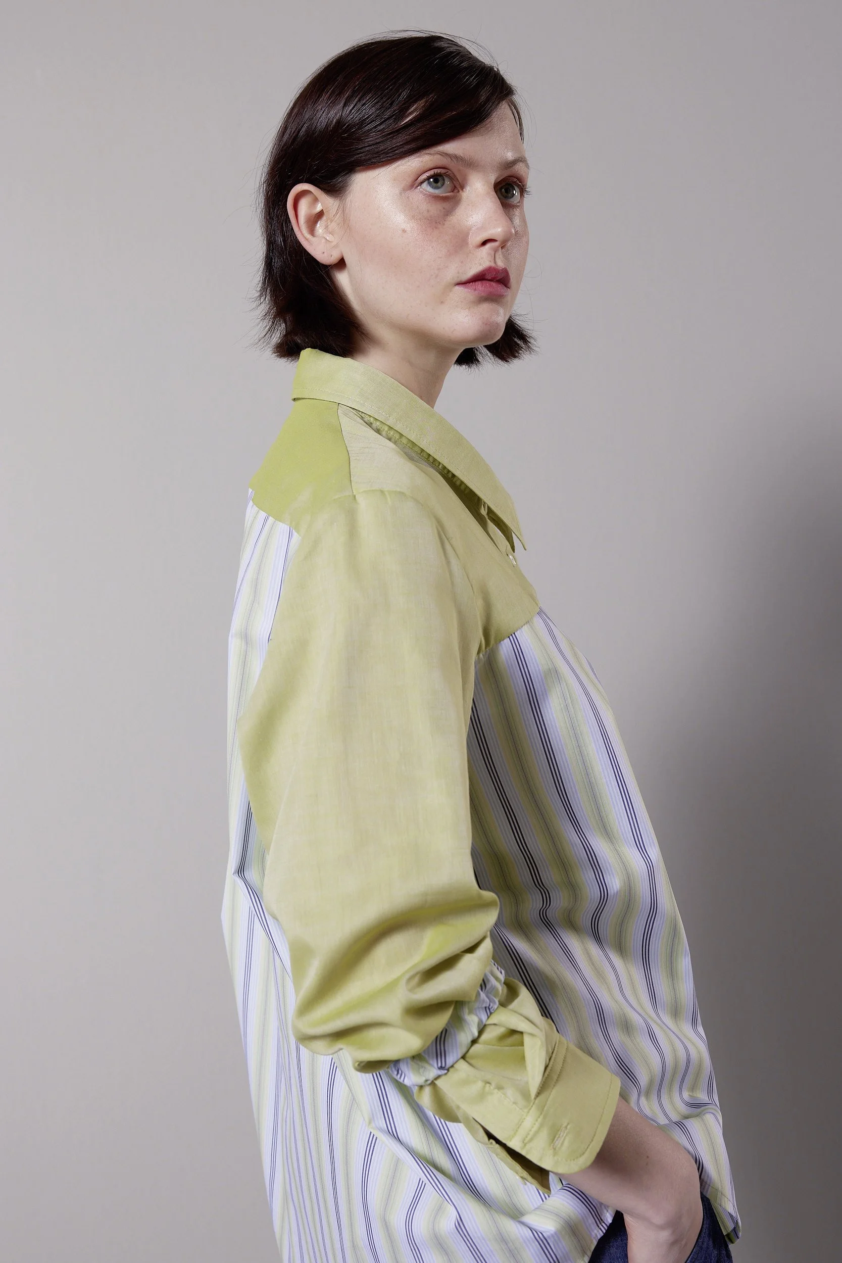 Oversized Hemd, Stoffmix Streifen/Limette