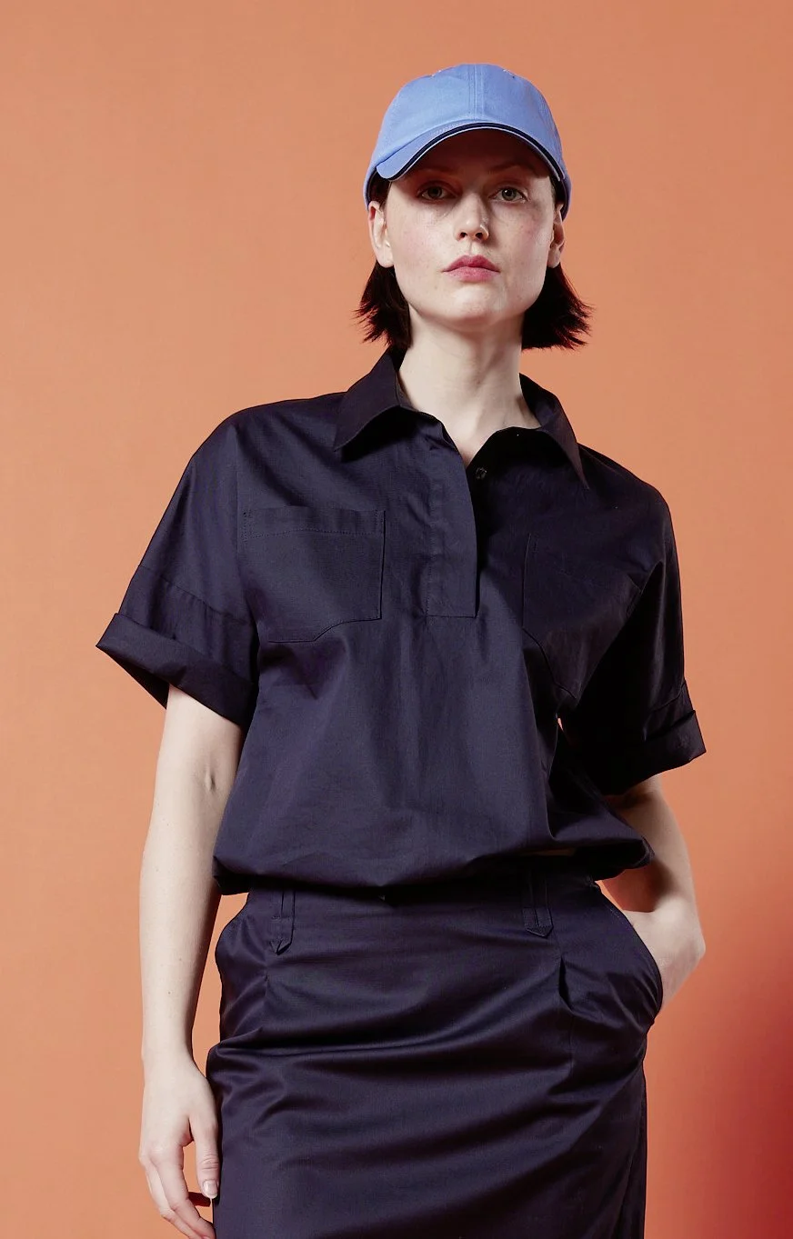 Weite Kurzarmbluse, Marine