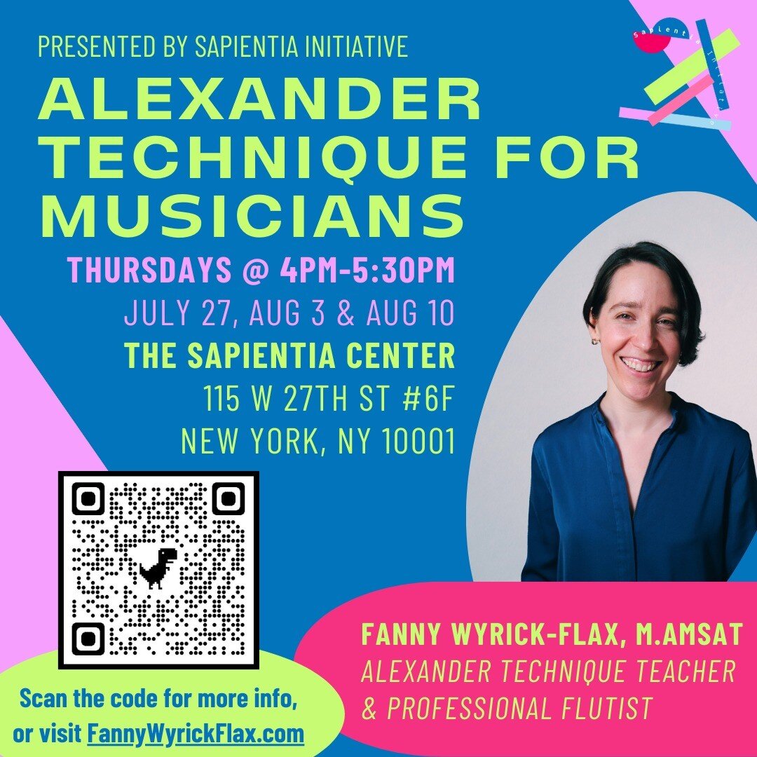 [EDIT: Early bird discount extended until Friday July 21st!]

I&rsquo;m offering a group Alexander Technique class for musicians starting later this month! I hope to see you there. 

Alexander Technique for Musicians
July 27th, Aug 3rd, &amp; Aug 10t