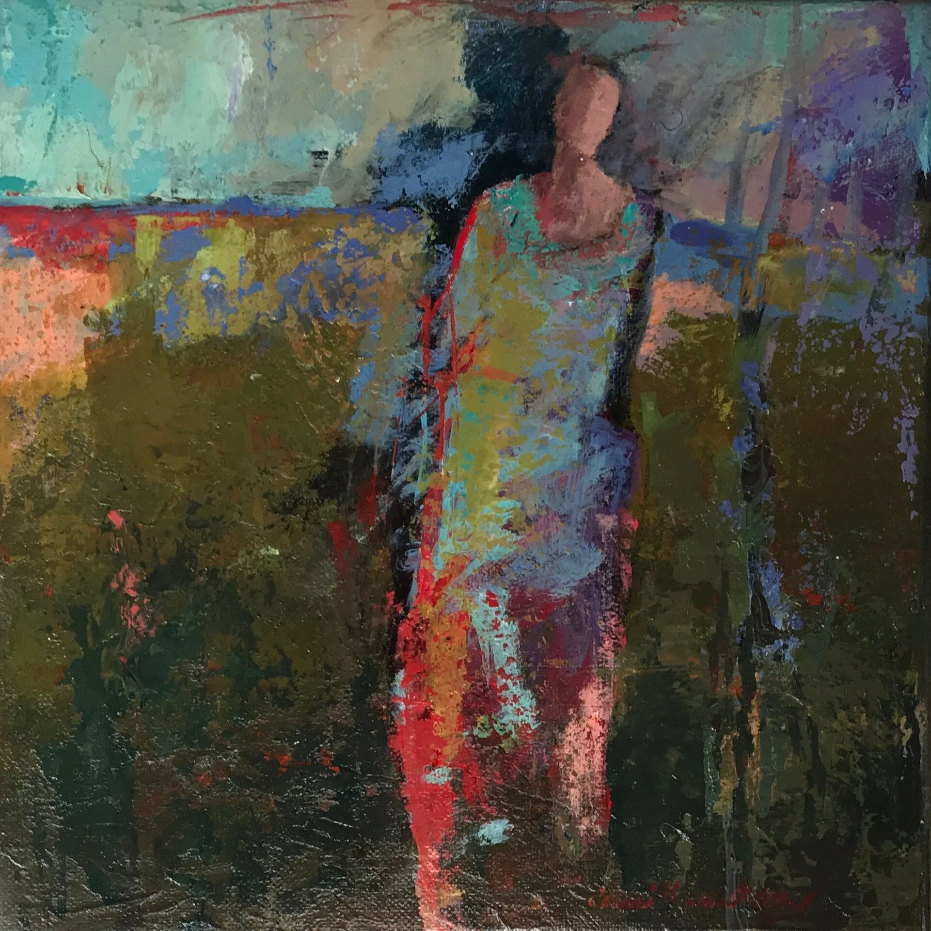 In the Cutting Garden, acrylic on canvas, 10x10 image, framed 16x16, 425.00.jpg