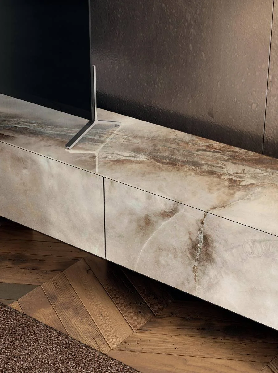 Lago TV Unit in marble finish with storage modules. Customizable TV unit for modern living room.