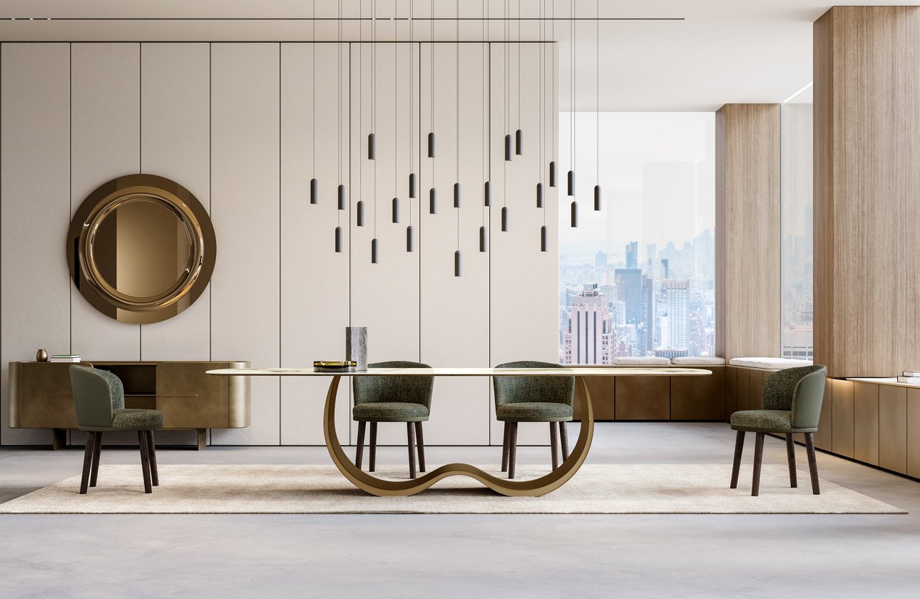 Eforma Alisei dining table with glass top and curved metal base. Customizable dining table for modern dining room.