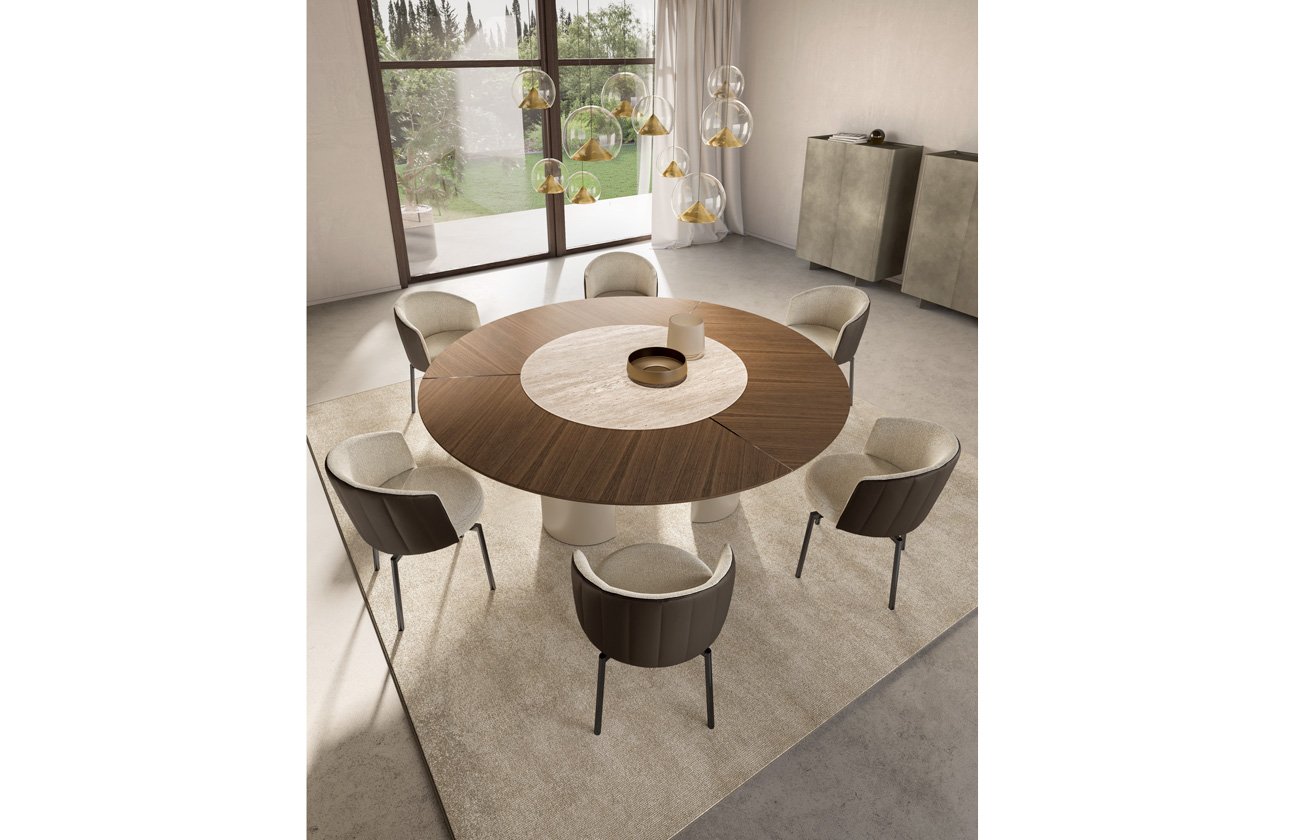 Eforma Plai dining table with round, wooden top and ceramic center, Lazy Susan. Customizable dining table for modern dining room.