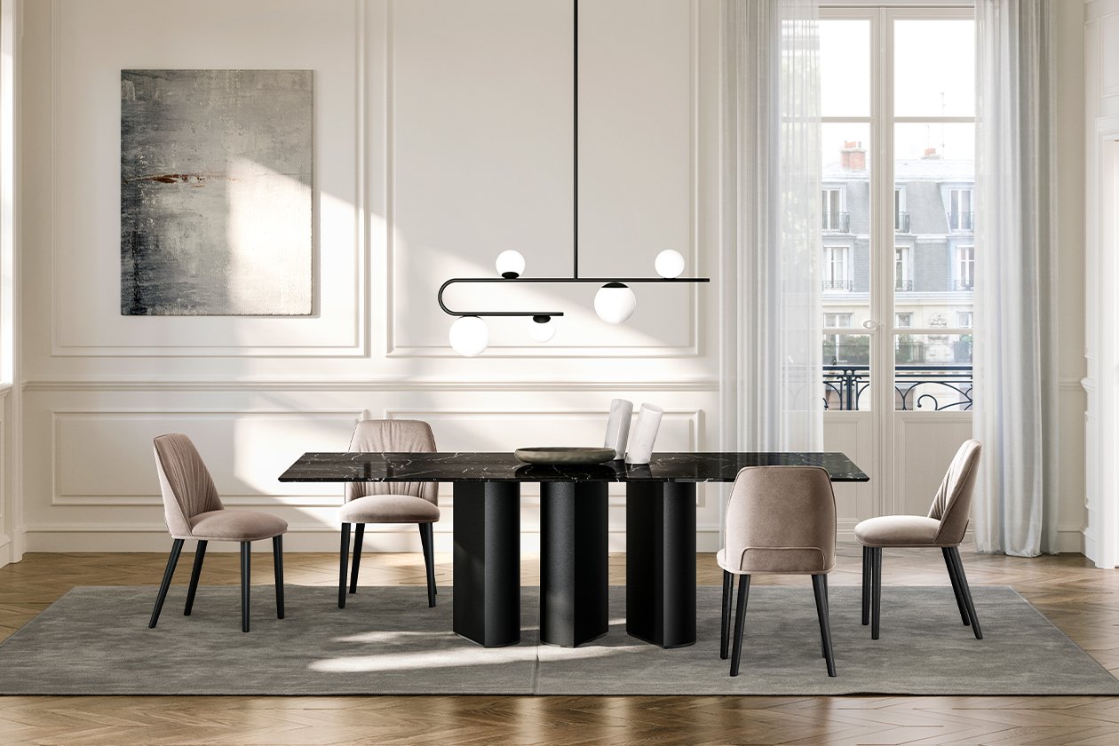 Eforma Plai dining table with marble top and black legs. Customizable dining table for modern dining room.