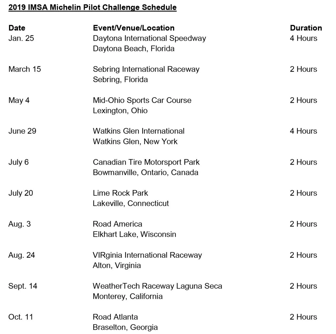 IMSA Michelin Pilot Challenge 2019 Schedule