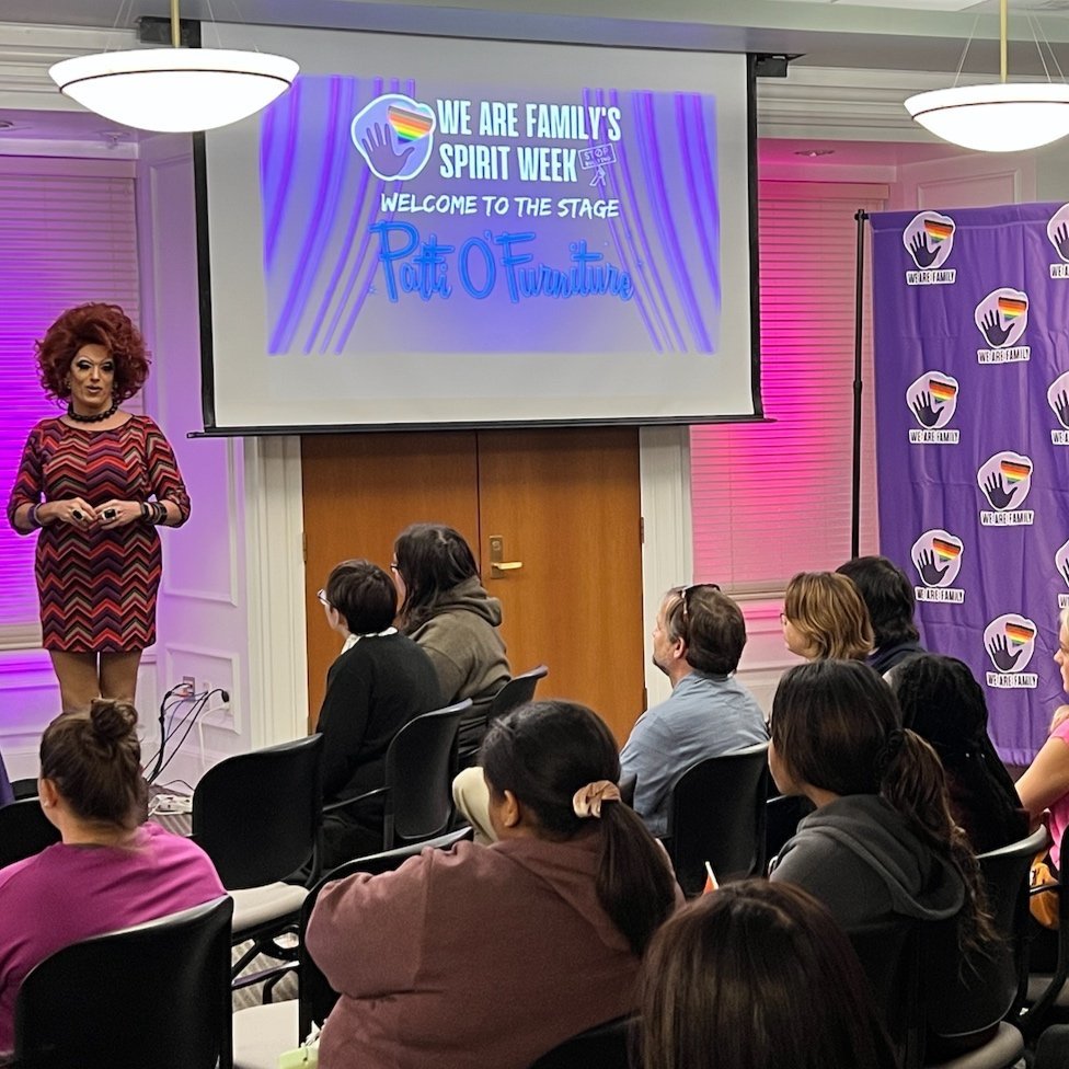 Patti O'furniture talking to youth about drag on Spirit Day 2022