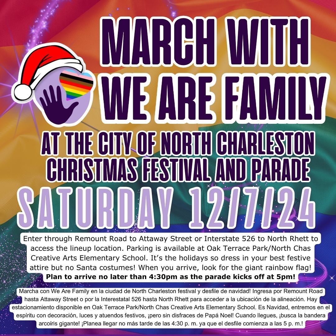 THIS SATURDAY Join us as we kick off the holiday season at the @northcharleston Christmas parade! 🎄

This is open to the public and we want YOU to join us! 🏳️&zwj;🌈☃️