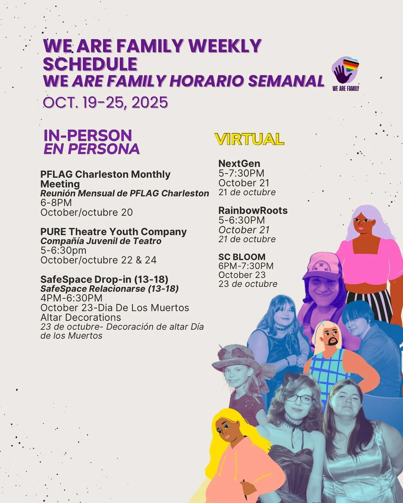 Here&rsquo;s what&rsquo;s happening this week at We Are Family! 💜
&iexcl;Esto es lo que sucede esta semana en We Are Family! 💜
Join us in person or online &mdash; &uacute;nete en persona o virtualmente 🖥️✨
📅 Oct. 19&ndash;25, 2025
#WeAreFamily #C