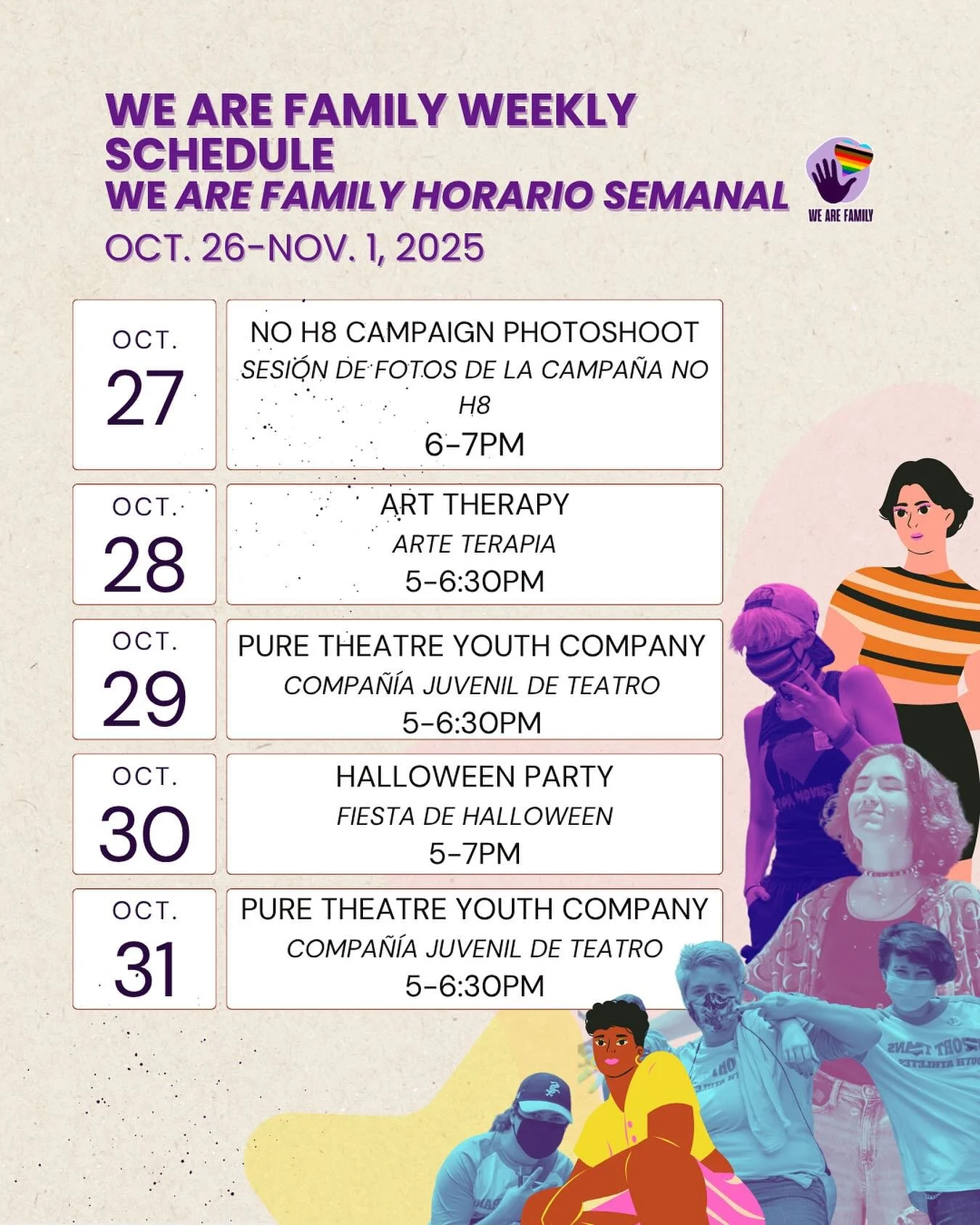 Here&rsquo;s what&rsquo;s happening this week at We Are Family! 💜
Join us for creative expression, community, and a little Halloween fun! 🎭🎃
#WeAreFamily #CharlestonSC #BecauseLove
&mdash;
&iexcl;Esto es lo que sucede esta semana en We Are Family!
