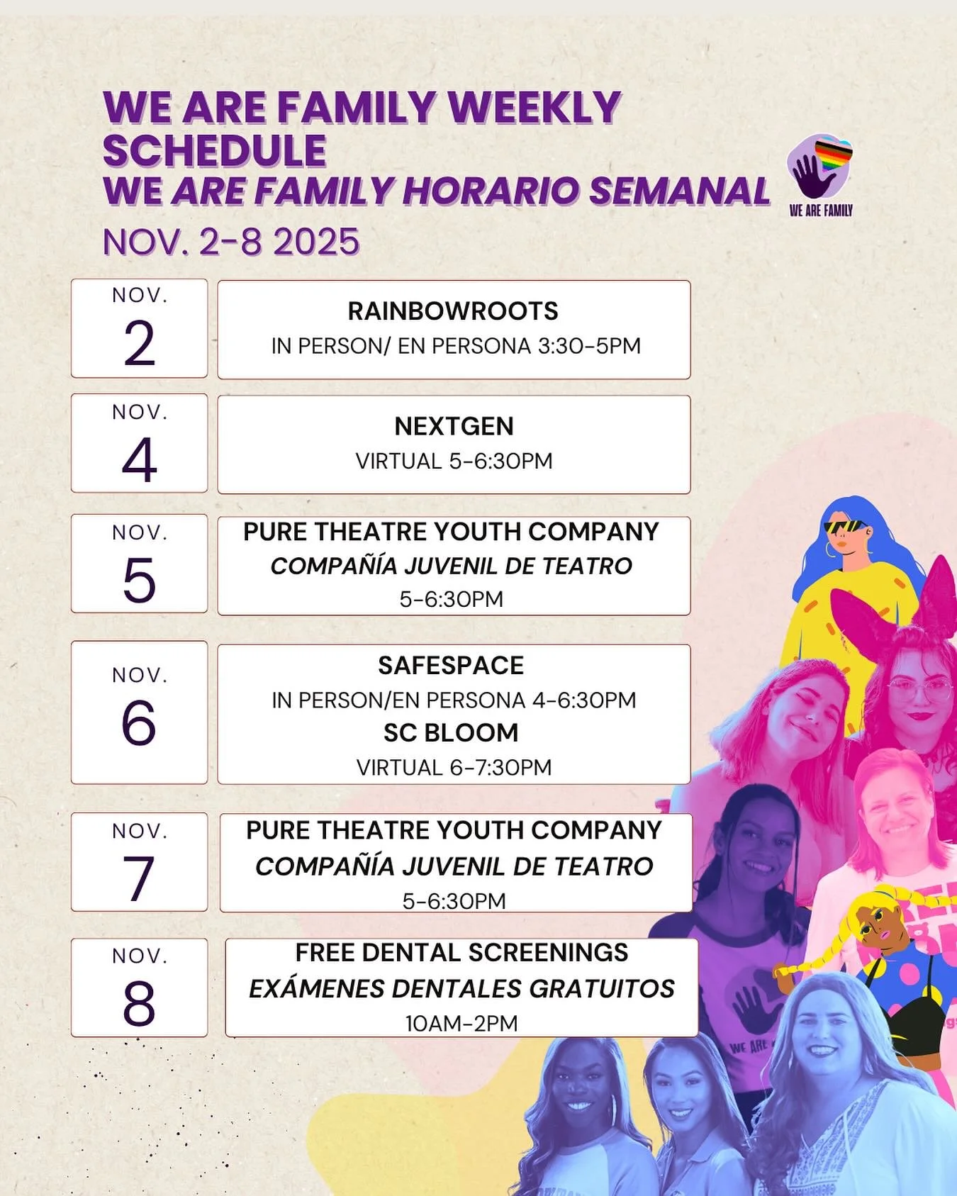 Next week at WAF is packed! We have something for everyone: RainbowRoots for parents and caring adults, NextGen for our young adults, SafeSpace for the teens, and SC BLOOM and Dental Screenings for everyone!
-
&iexcl;La pr&oacute;xima semana en WAF e