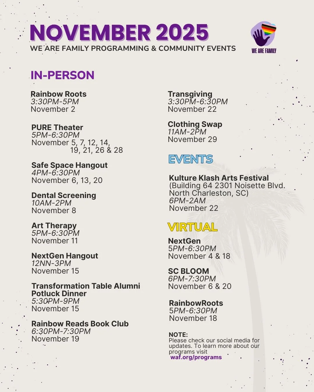 ✨ Our November Calendar is here! ✨
Join us for a month full of community, creativity, and connection &mdash; from art therapy and movie nights to Transgiving and our Kulture Klash Arts Festival! 🌈💜

🗓 Check out all our in-person and virtual events