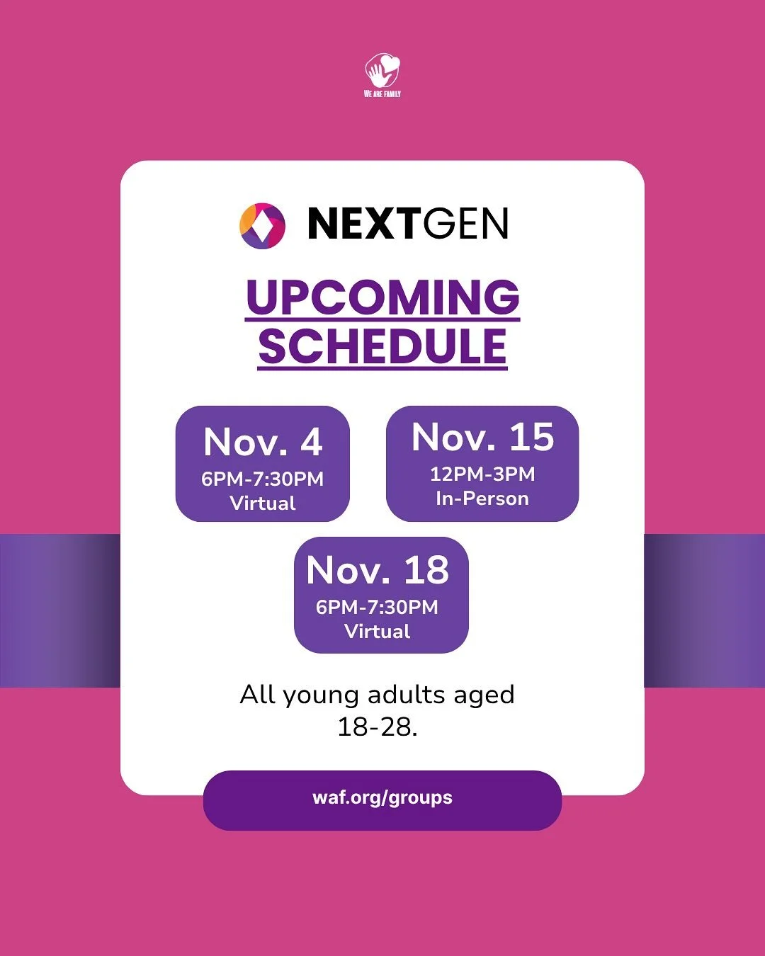 ⏰ The clocks fell back, but we&rsquo;re still showing up for each other!
Join NEXTGEN this November &mdash; for young adults 18&ndash;28:
💻 Nov. 4 &amp; 18 (Virtual)
🤝 Nov. 15 (In-person)

&iexcl;⏰ Aunque el reloj retrocedi&oacute;, seguimos aqu&ia