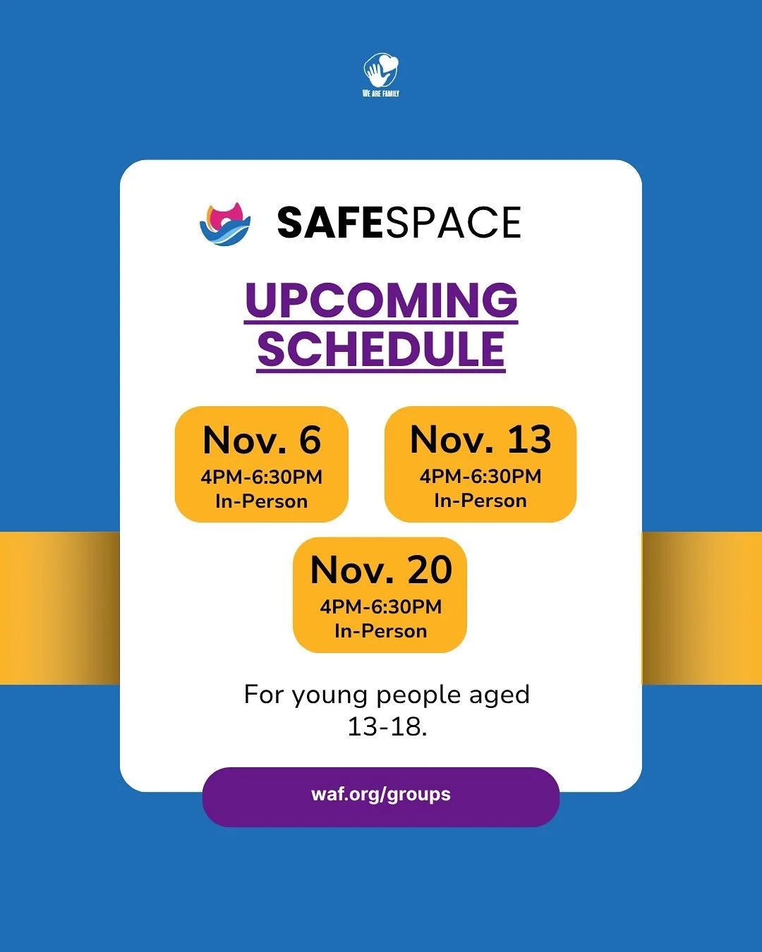 🍁 New month, same safe space.
Welcome November with connection, support, and community at SafeSpace &mdash; for youth ages 13&ndash;18!
📅 In-person: Nov. 6, 13 &amp; 20 | 4&ndash;6:30 PM

🍁 Nuevo mes, mismo espacio seguro.
Dale la bienvenida a nov