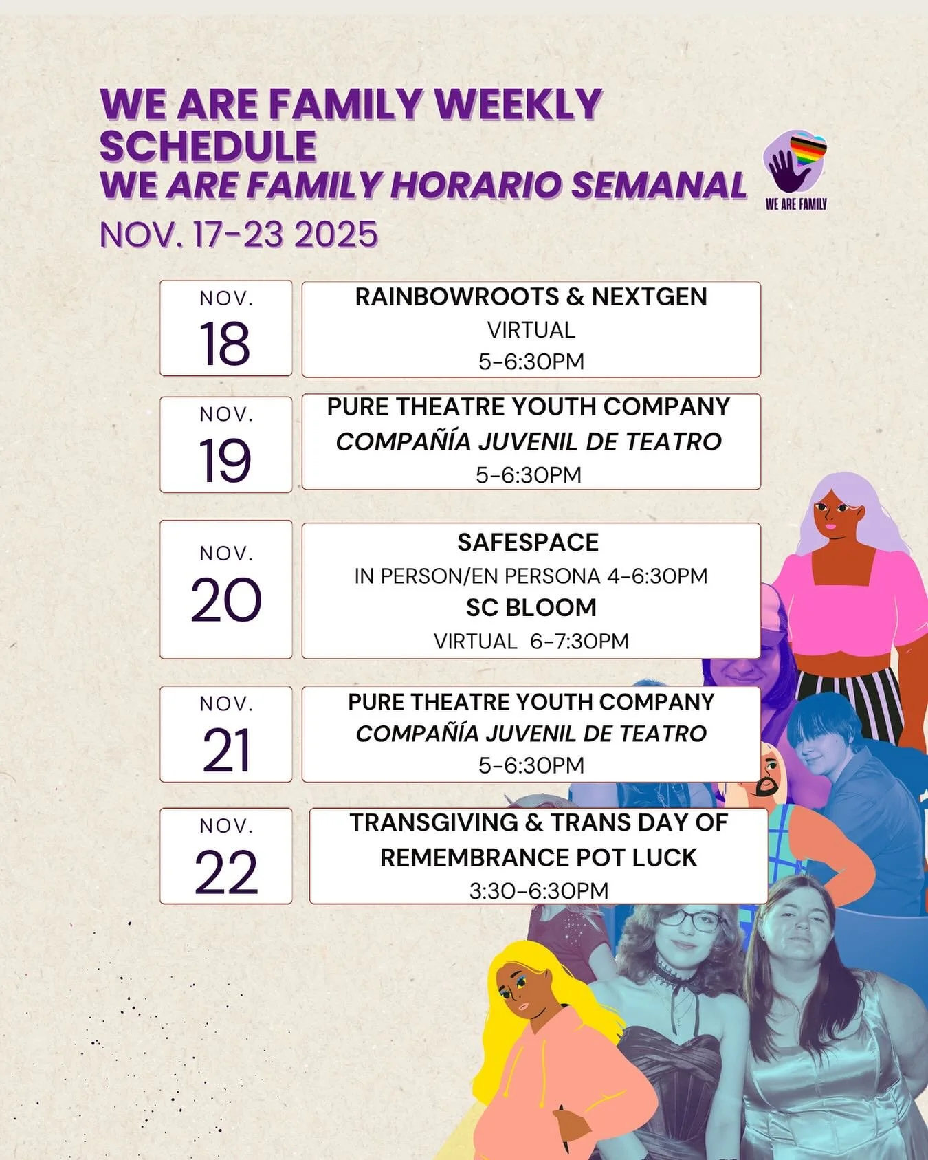 As we move through this week&rsquo;s programs, we hold space for what matters most.
Join us Friday for Transgiving &amp; Transgender Day of Remembrance, where we gather in love, memory, and community care. 💜
Potluck sign-up: link in bio!
-
A medida 