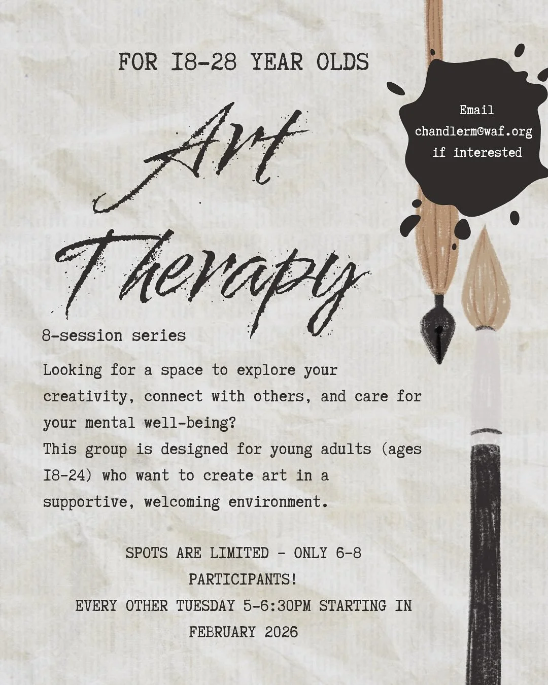 Where feelings find color. 🎨
Join our 8-session Art Therapy group for young adults ages 18&ndash;28!
A supportive space to explore creativity, connect with others, and care for your mental wellbeing.
Meets every other Tuesday, 5&ndash;6:30 PM starti