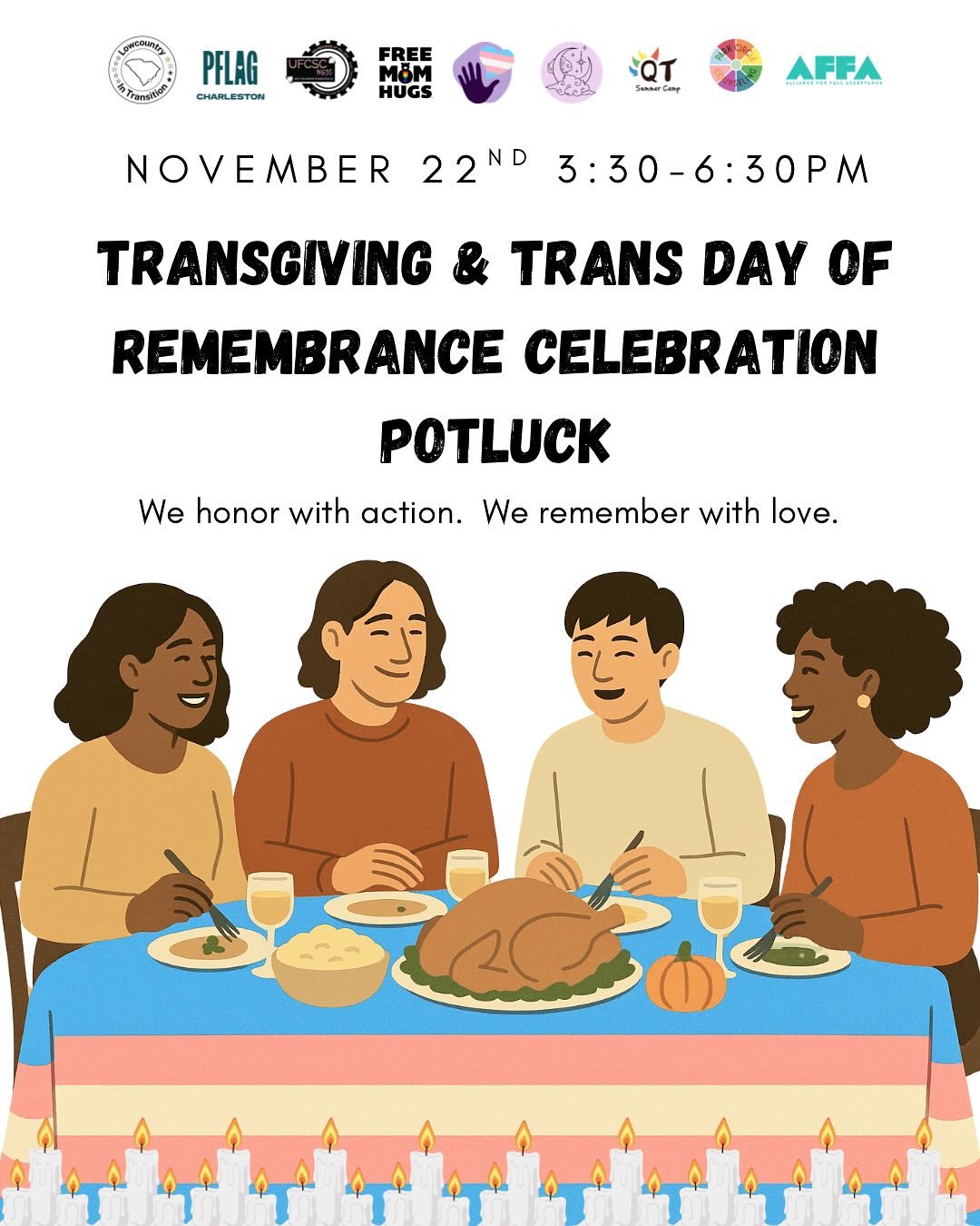 We gather in gratitude and remembrance.
Join us for Transgiving &amp; Transgender Day of Remembrance &mdash; a community potluck honoring our trans family past and present. 💜
Let&rsquo;s share food, stories, and solidarity.
🔗 Potluck sign-up: https