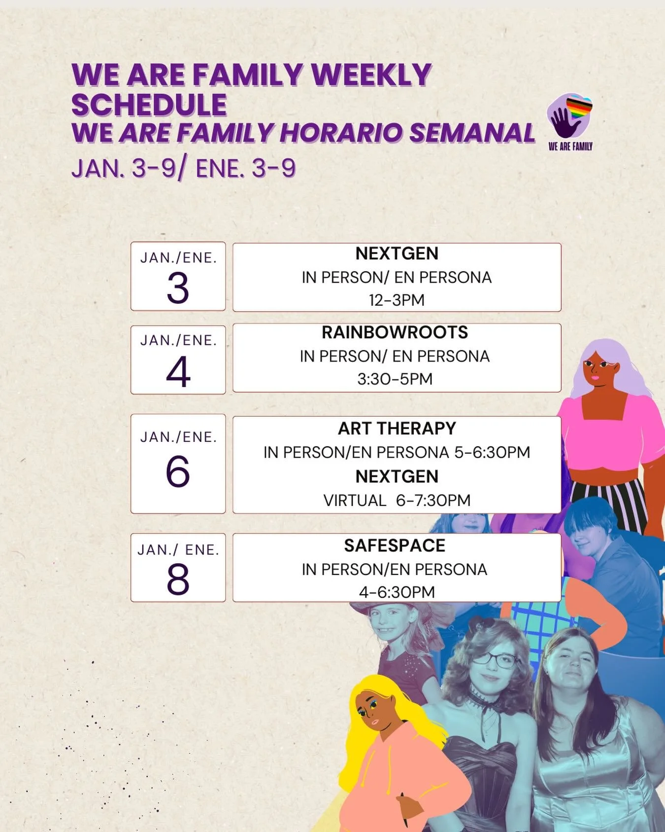 Back from break and ready to reconnect 🌈
NextGen, RainbowRoots, Art Therapy, and SafeSpace are back this week&mdash;come as you are.
&mdash;
De regreso del descanso y listxs para reconectar 🌈
NextGen, RainbowRoots, Art Therapy y SafeSpace regresan 