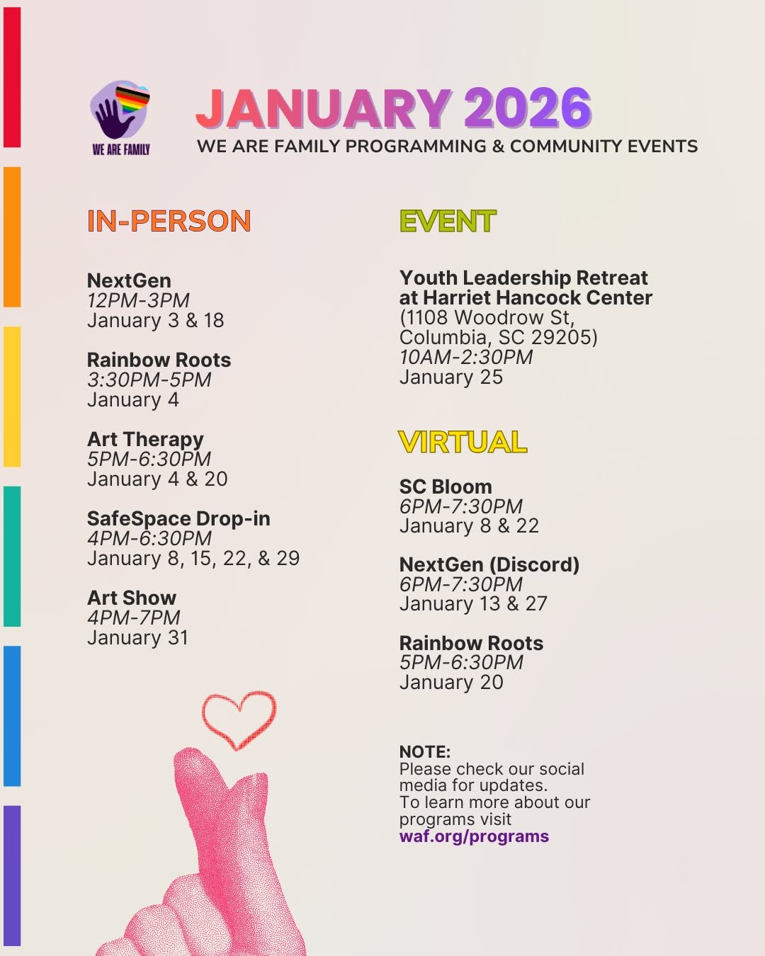 January is looking GOOD, y&rsquo;all! 💫

We&rsquo;re kicking off 2026 with a full lineup of programs and events designed to uplift, connect, and celebrate LGBTQ+ youth across our state.

From Art Show to Art Therapy, SafeSpace Drop-Ins, SC Bloom, ou