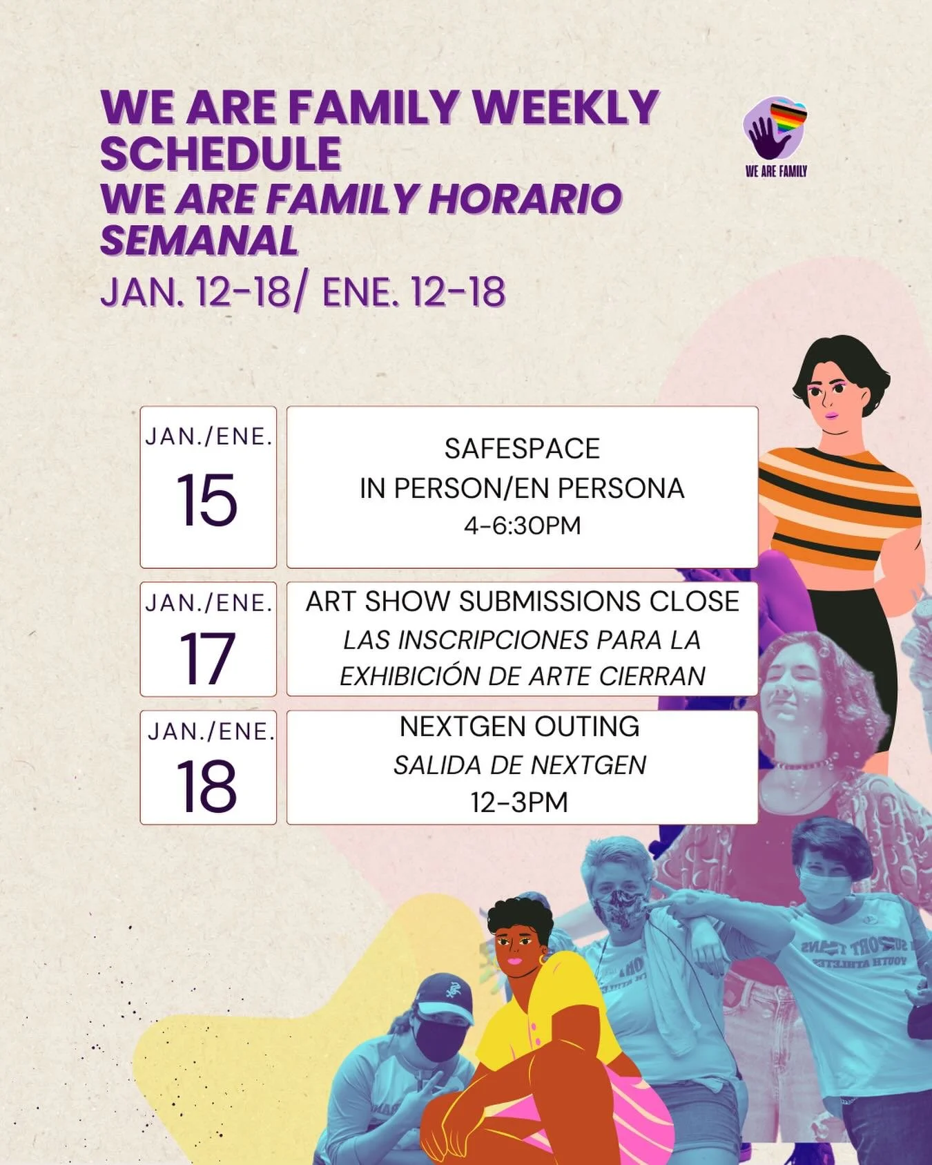 ✨ Next week at We Are Family!
Young adults&mdash;don&rsquo;t miss our NextGen Outing next Saturday (12&ndash;3pm) 💜 A chance to connect, get out together, and build community.
Plus SafeSpace and important art show deadlines happening next week too.
