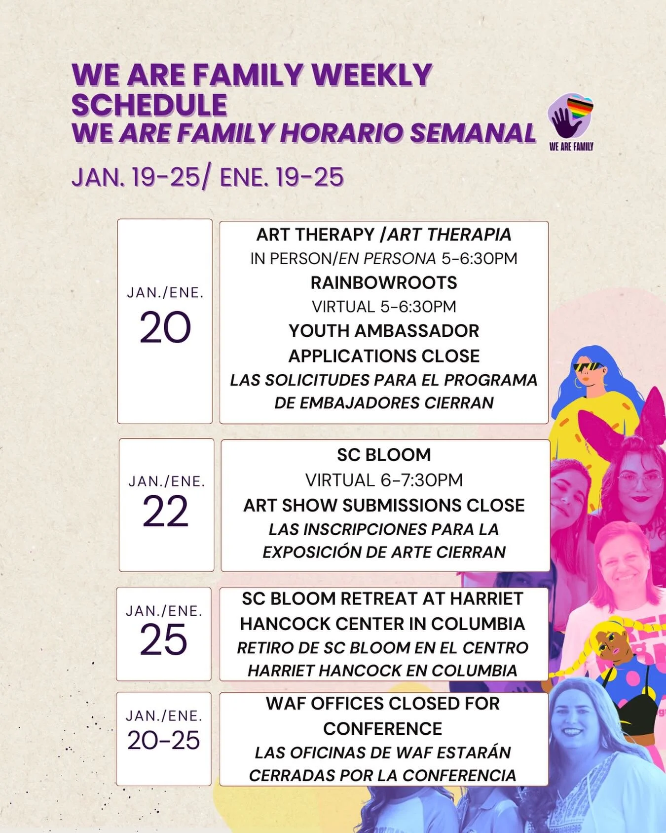 🎨🌱 Calling all youth &amp; families!
Art Therapy, RainbowRoots, SC Bloom, and more are happening this week.
✨ Youth Ambassador applications close Jan. 20
🖼️ Art Show submissions close Jan. 22 (https://forms.gle/PMQs1P4DybbyMNbW7)
📌 Please note: W