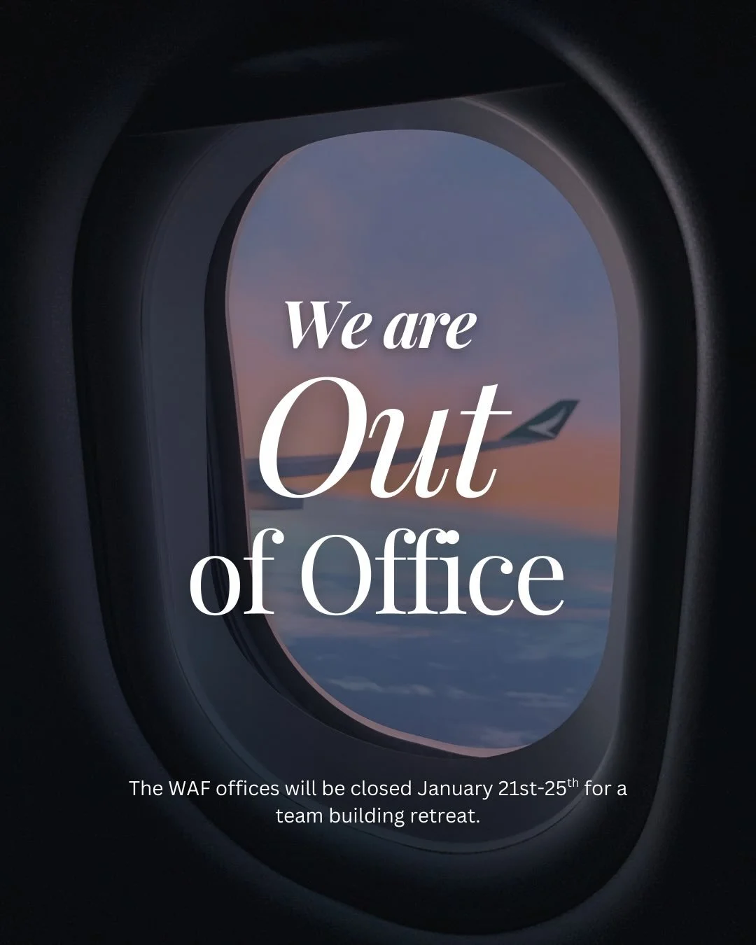 Heads up! 🌟 The WAF offices will be taking a short break for a team-building retreat from January 21&ndash;25. We&rsquo;ll be back and ready to connect on January 26!
-
&iexcl;Aviso! 🌟 Las oficinas de WAF estar&aacute;n cerradas por un retiro de de