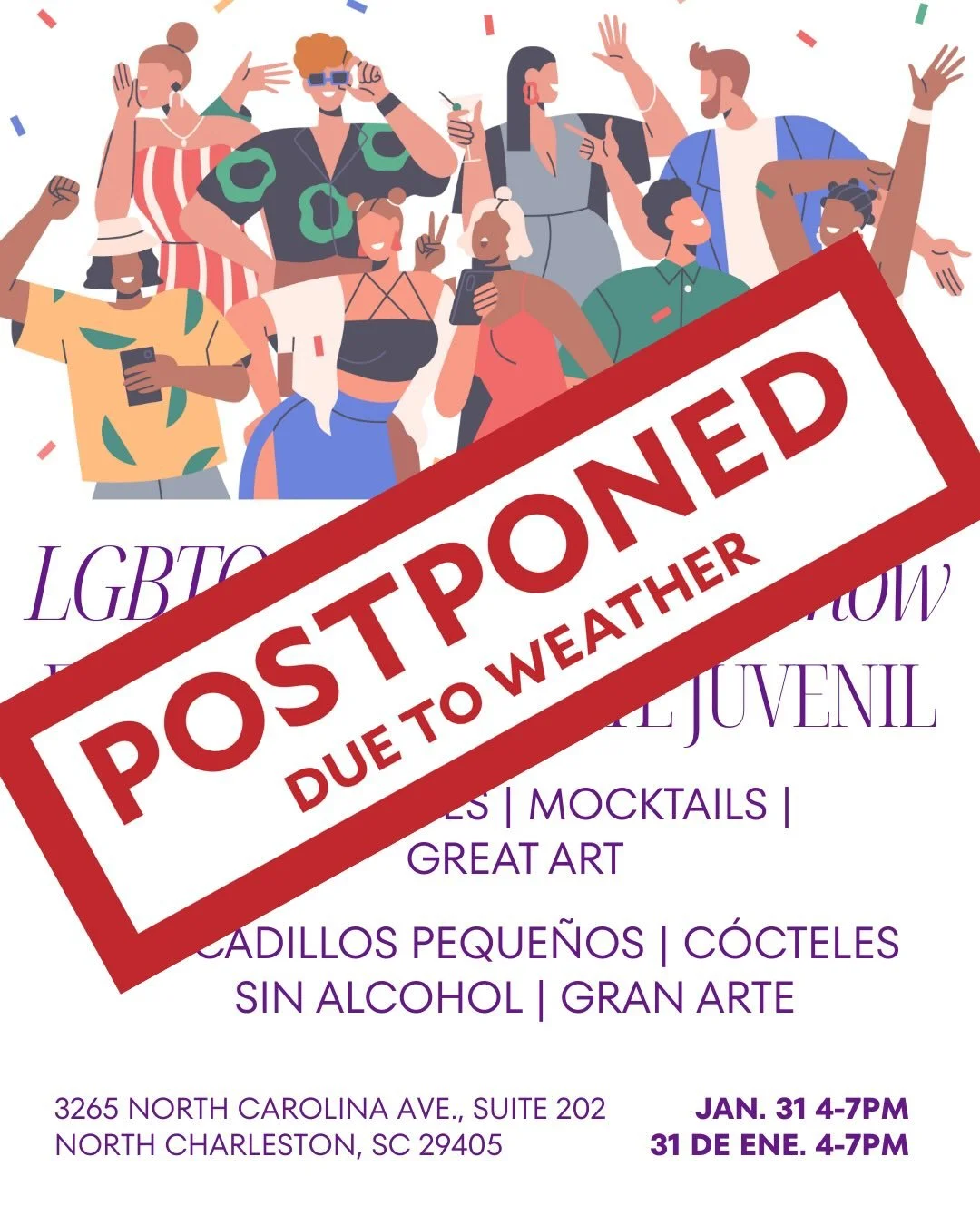 To keep everyone safe with the incoming winter storm, we are postponing this weekend&rsquo;s LGBTQ+ Young Artists Show and our in-person RainbowRoots.

Please join us on March 14th from 4&ndash;7pm for the LGBTQ+ Young Artists Show. We&rsquo;ll be in