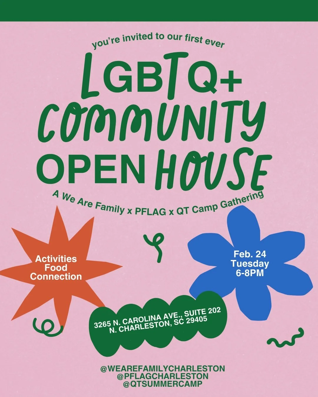 Three organizations. One powerful community. 🌈
We&rsquo;re teaming up with QT Summer Camp and PFLAG Charleston SC to open our doors and celebrate connection, care, and queer joy. Come hang with us!
&mdash;
Tres organizaciones. Una comunidad poderosa