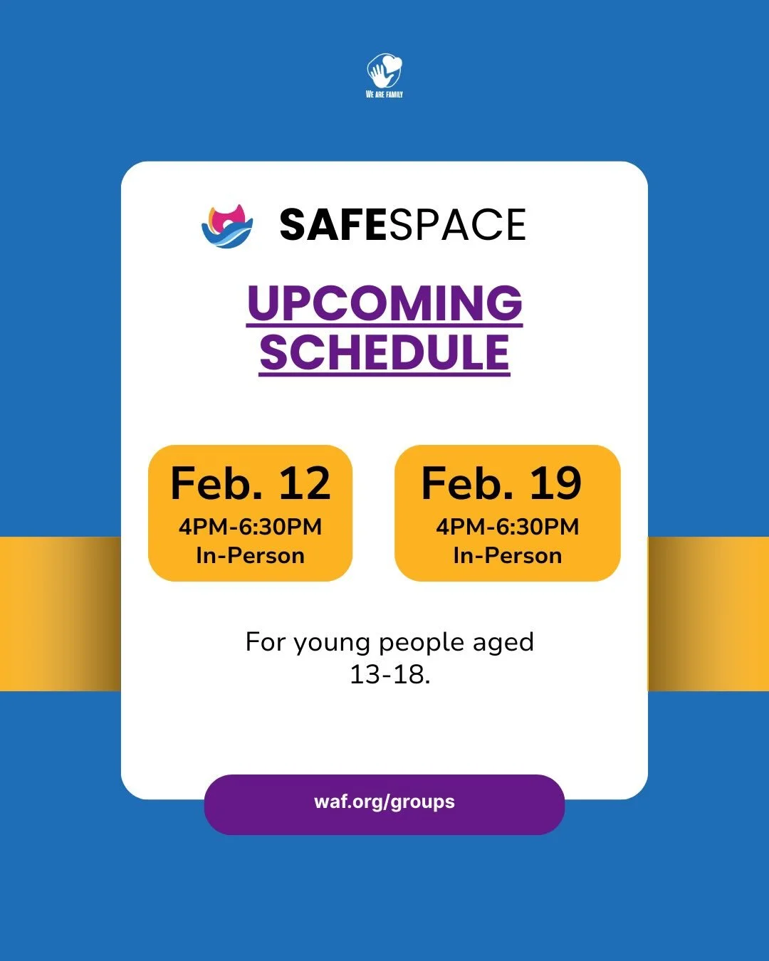 SafeSpace is a supportive, affirming environment for LGBTQ+ youth and allies ages 13&ndash;18.
Join us in person on Feb. 12 or Feb. 19 from 4&ndash;6:30 PM to connect and build community. 💜
More info: waf.org/groups
&mdash;
SafeSpace es un espacio d