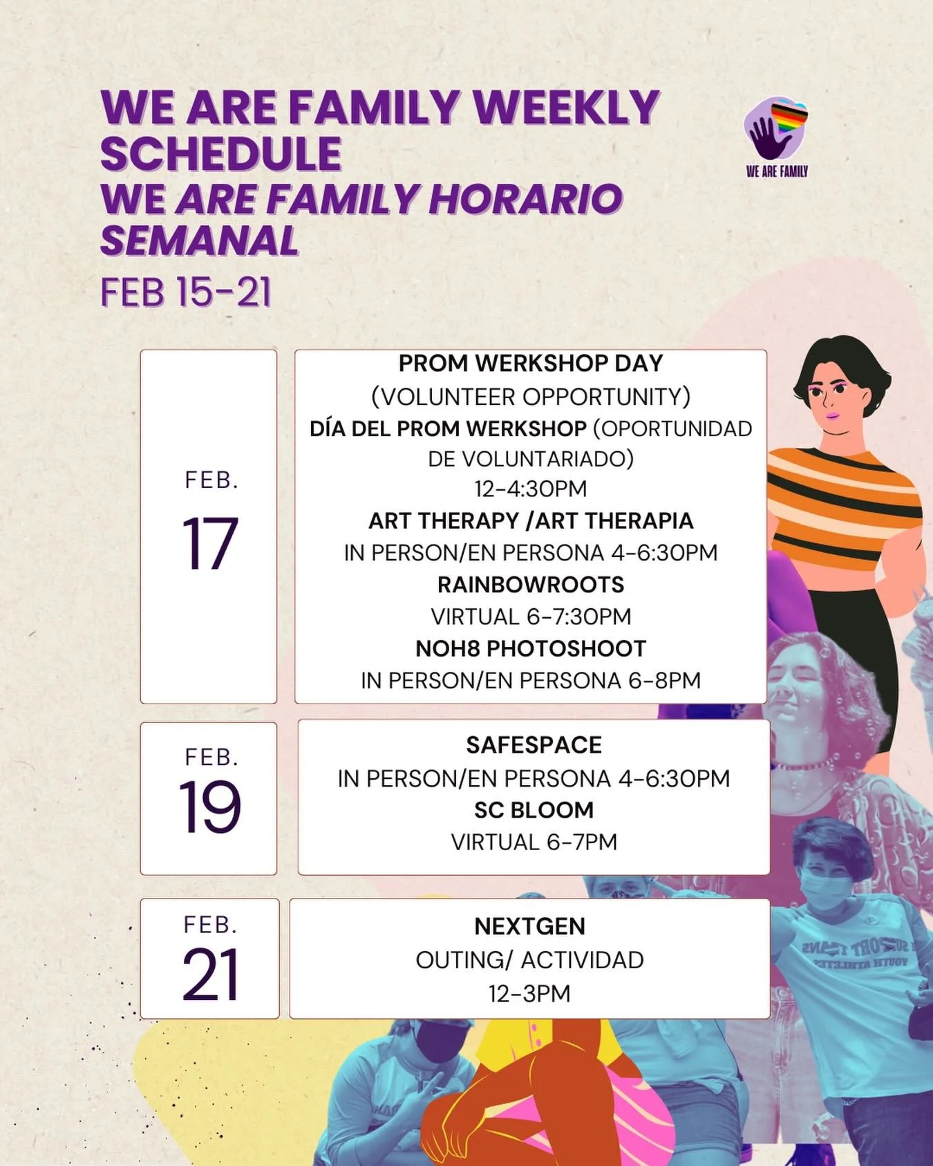 Next week has something for everyone! We have an action packed day on Tuesday with a volunteer opportunity to help us get ready for prom (email volunteercoordinator@waf.org if you have any questions or want to sign up), RainbowRoots for parents and c